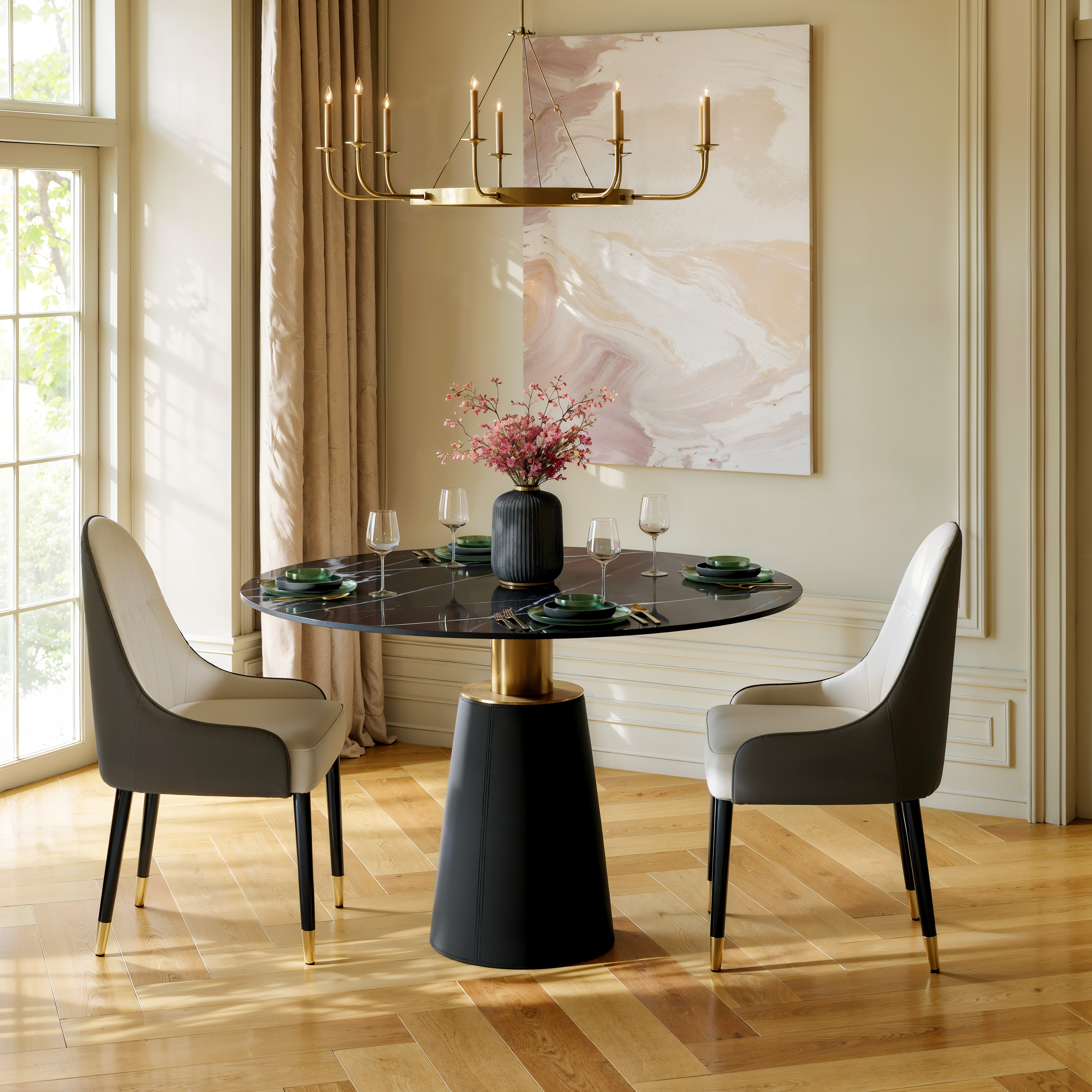 39" Sintered Stone Dining Table & 2 Chairs Set with Saddle Leather Base