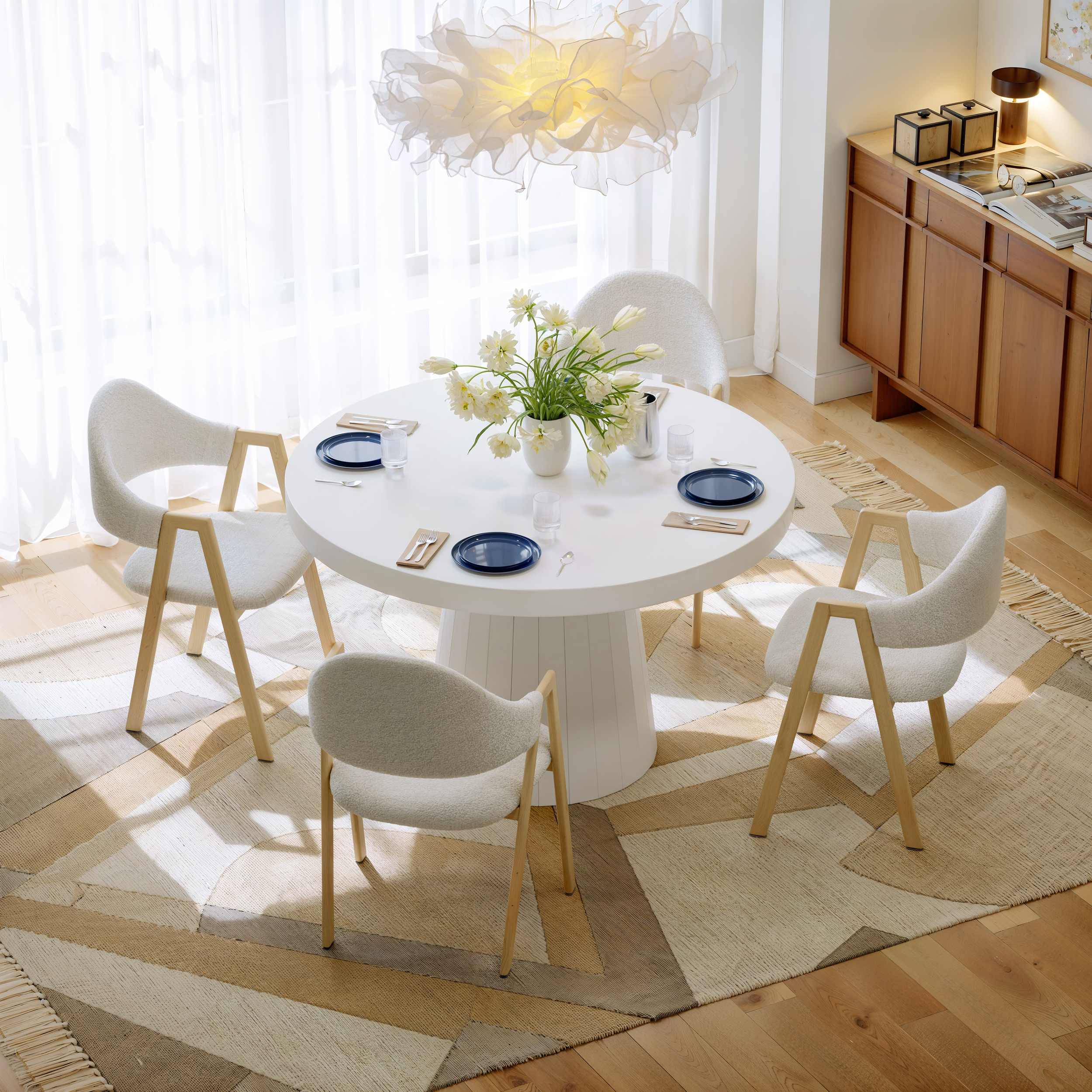 Juego de mesa de comedor extensible de 39 a 55 pulgadas, mesa de comedor blanca Japandi y 6 sillas de comedor de madera de nogal