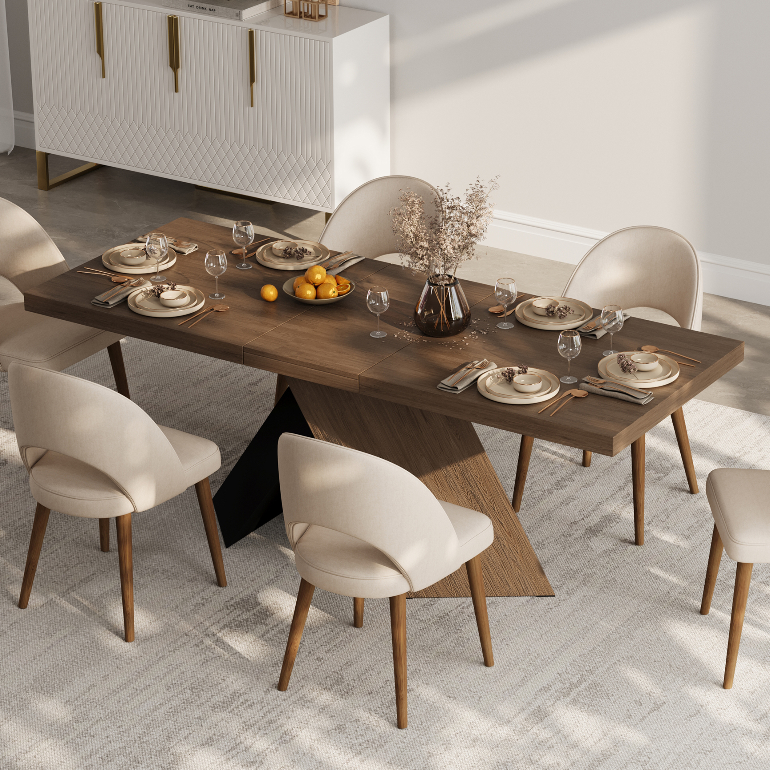 Mesa de comedor extensible de nogal de 1600 mm a 2000 mm y 4 sillas de comedor de ratán Japandi de nogal
