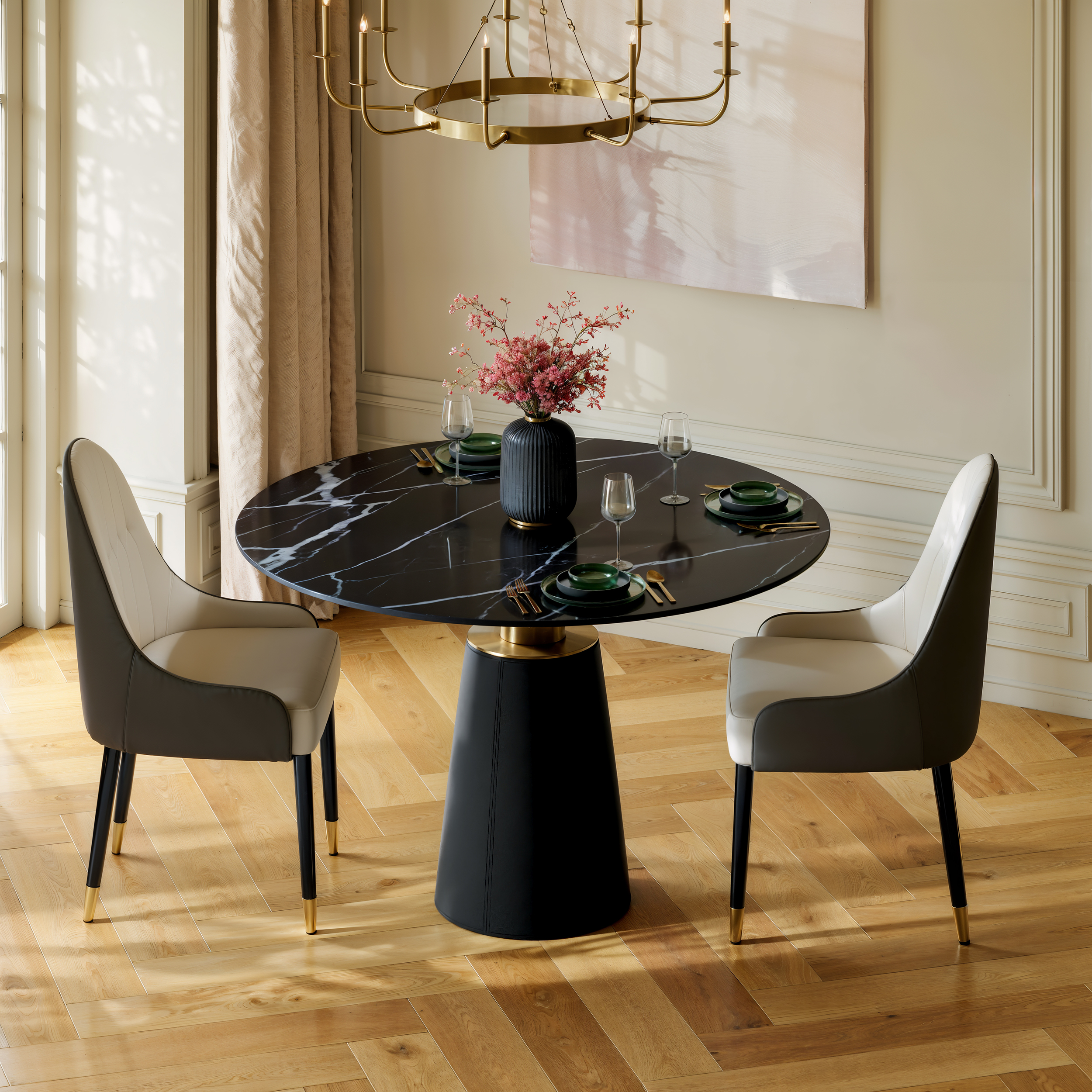 Mesa de comedor redonda de piedra sinterizada de 1000 mm con base de cuero para 2 a 4 personas