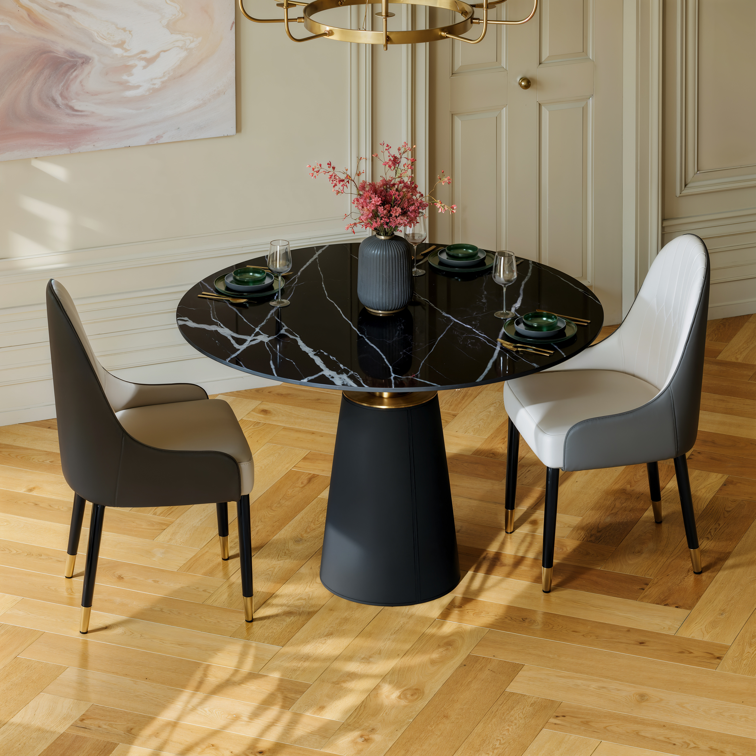 39" Sintered Stone Dining Table & 2 Chairs Set with Saddle Leather Base