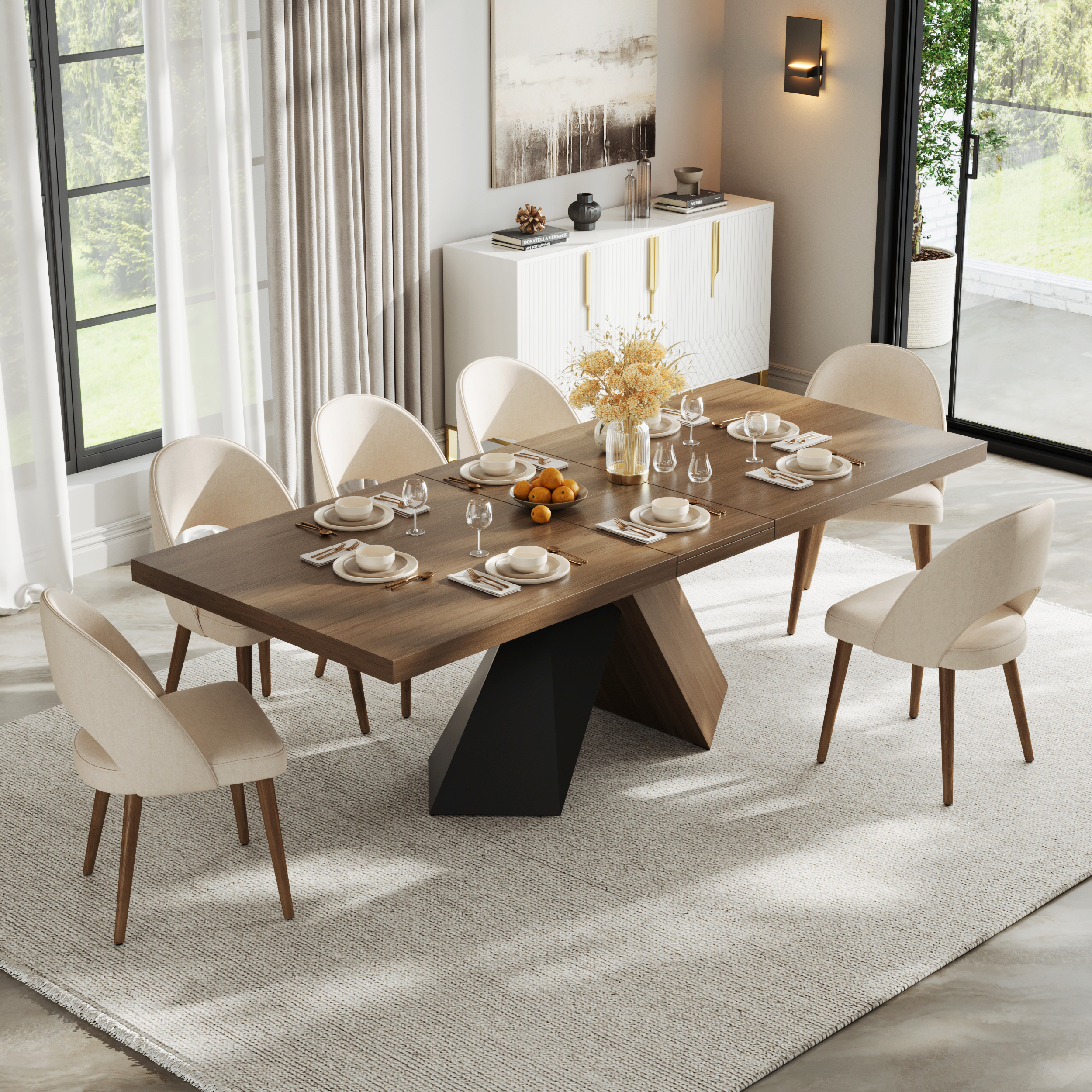 Dining Table Set 79"-94" Rectangle Extendable Dining Table & 8 Archic Japandi Rattan Dining