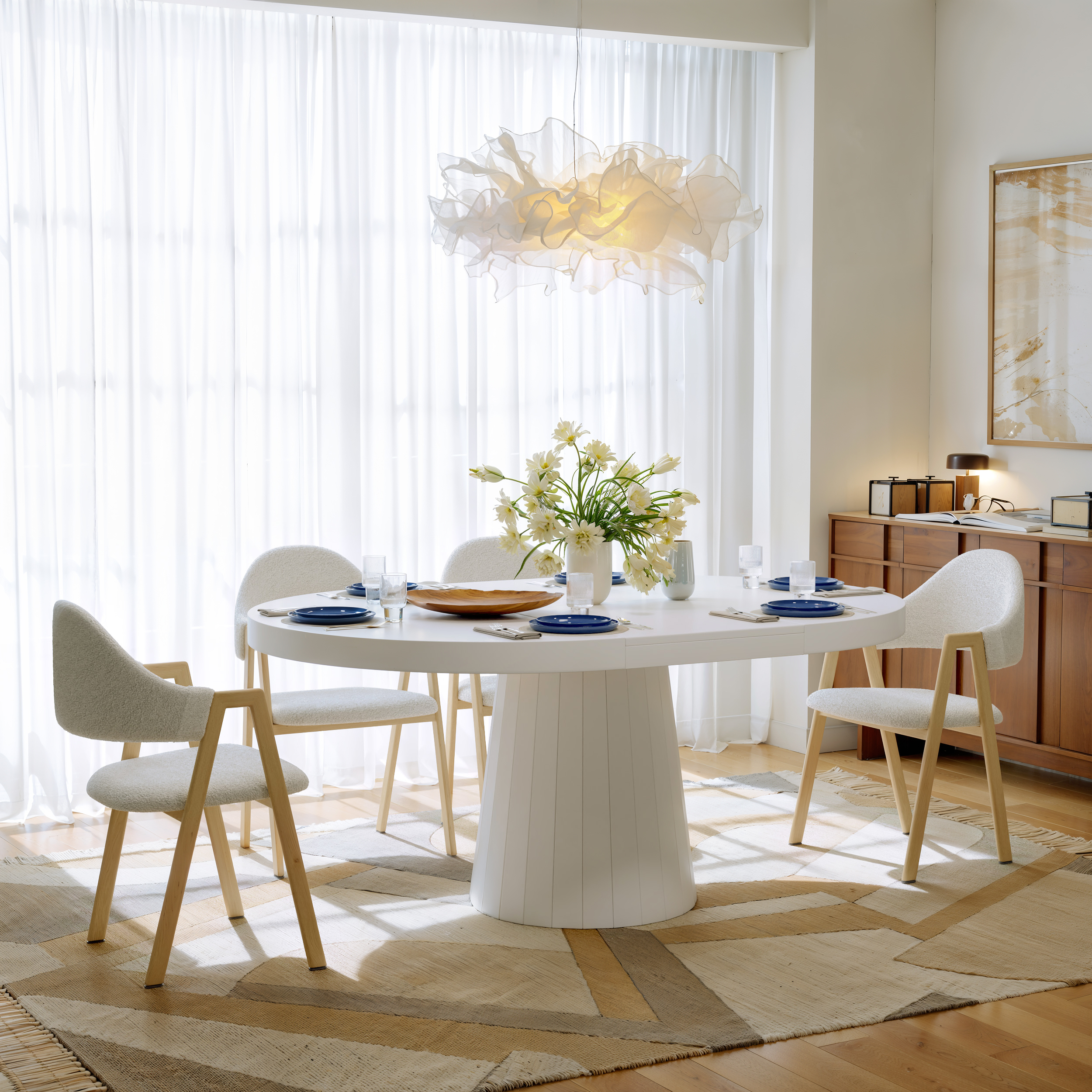 Extendable Dining Table Set 39"-55" Japandi White Dining Table & 6 Walnut Wood Dining