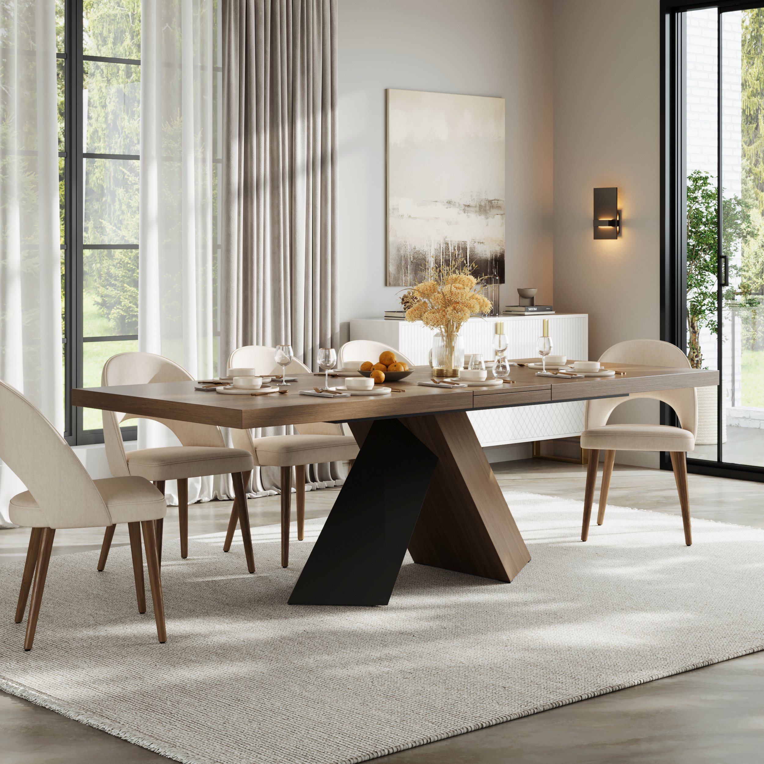 Dining Table Set 79"-94" Rectangle Extendable Dining Table & 8 Archic Japandi Rattan Dining