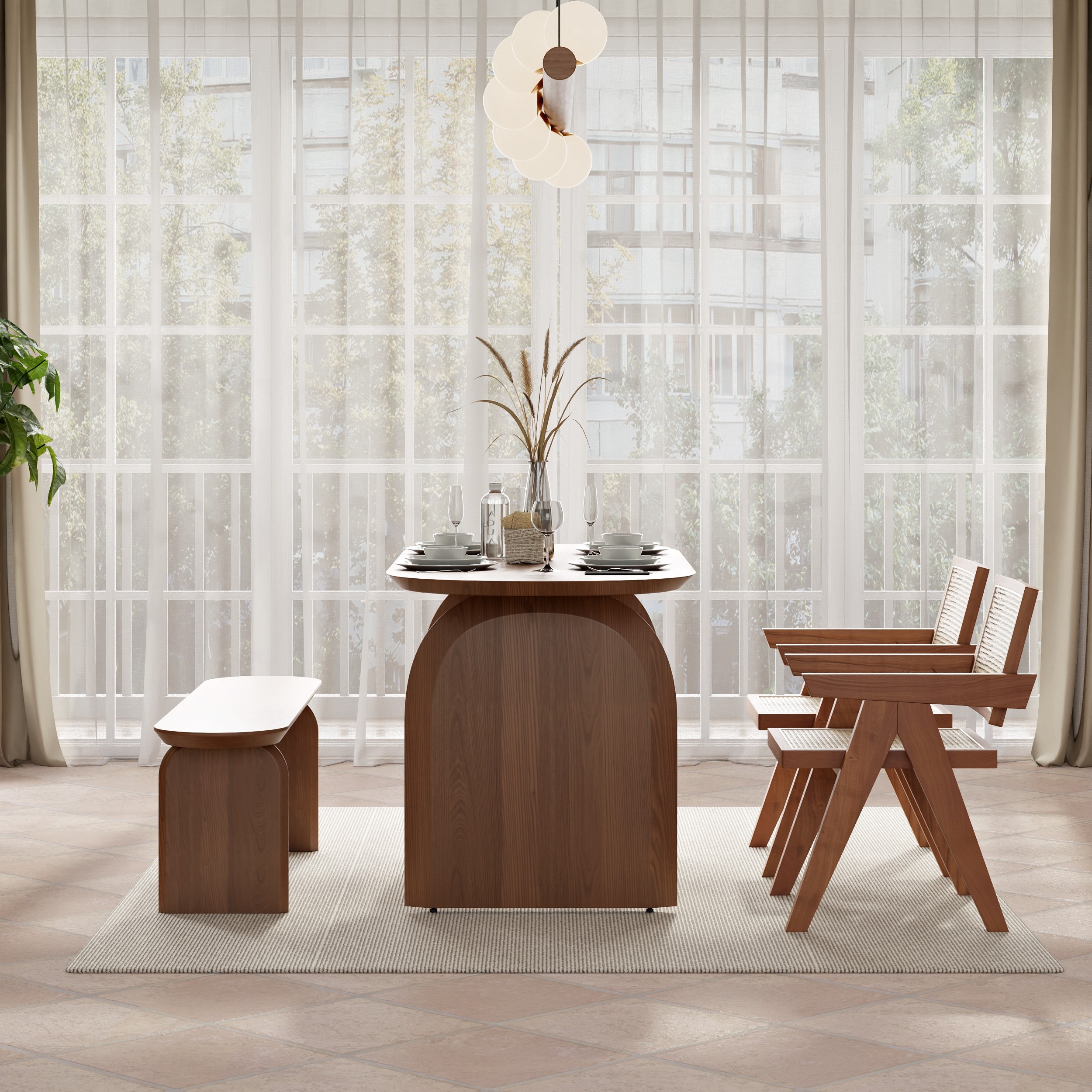 59" Oval Dining Table Solid Wood for 4 People Japandi Walnut Dining Room Table