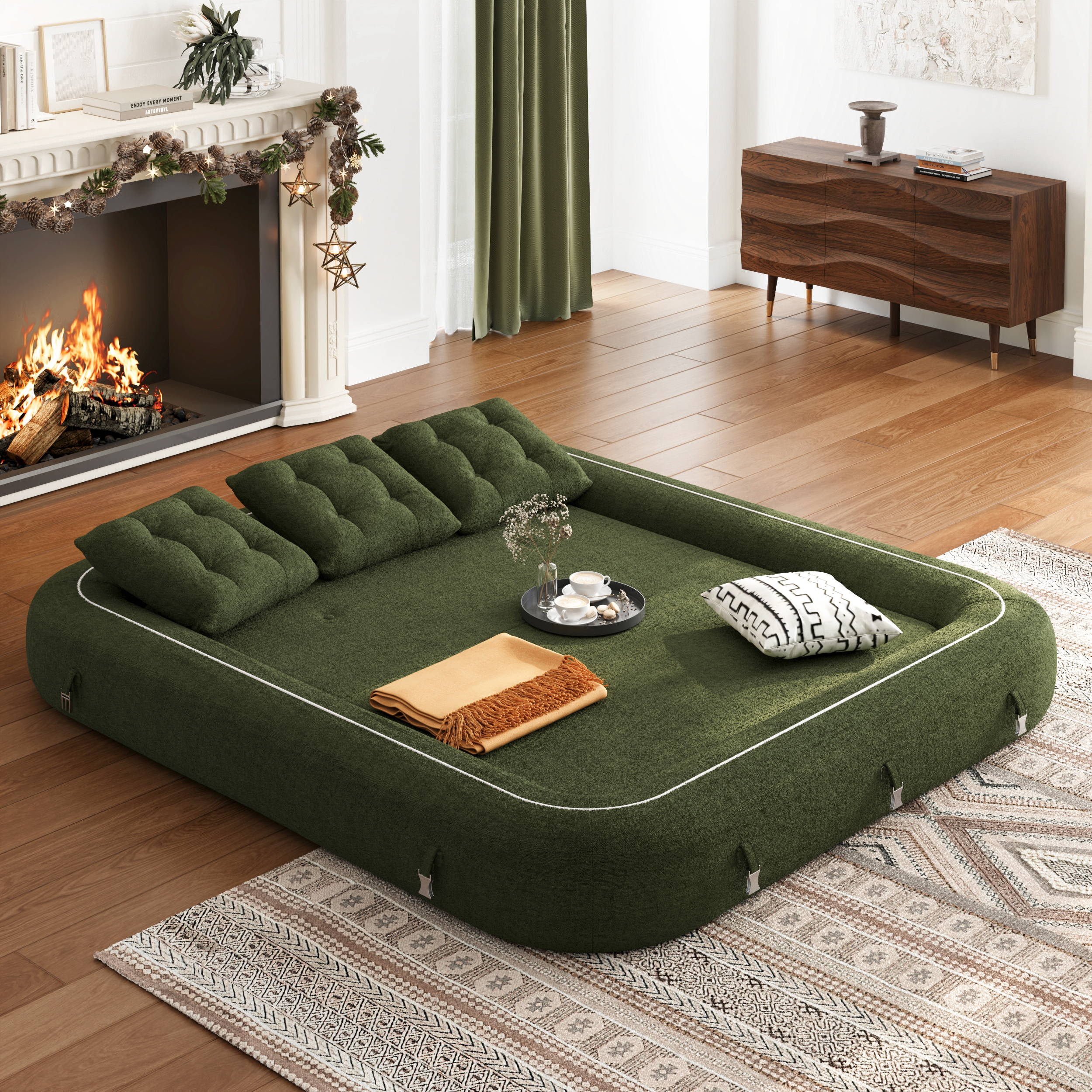 King Size Green Chenille Velvet Upholstered Sleeper Sofa 3-Seater Modern 82" Convertible Futon Sofa