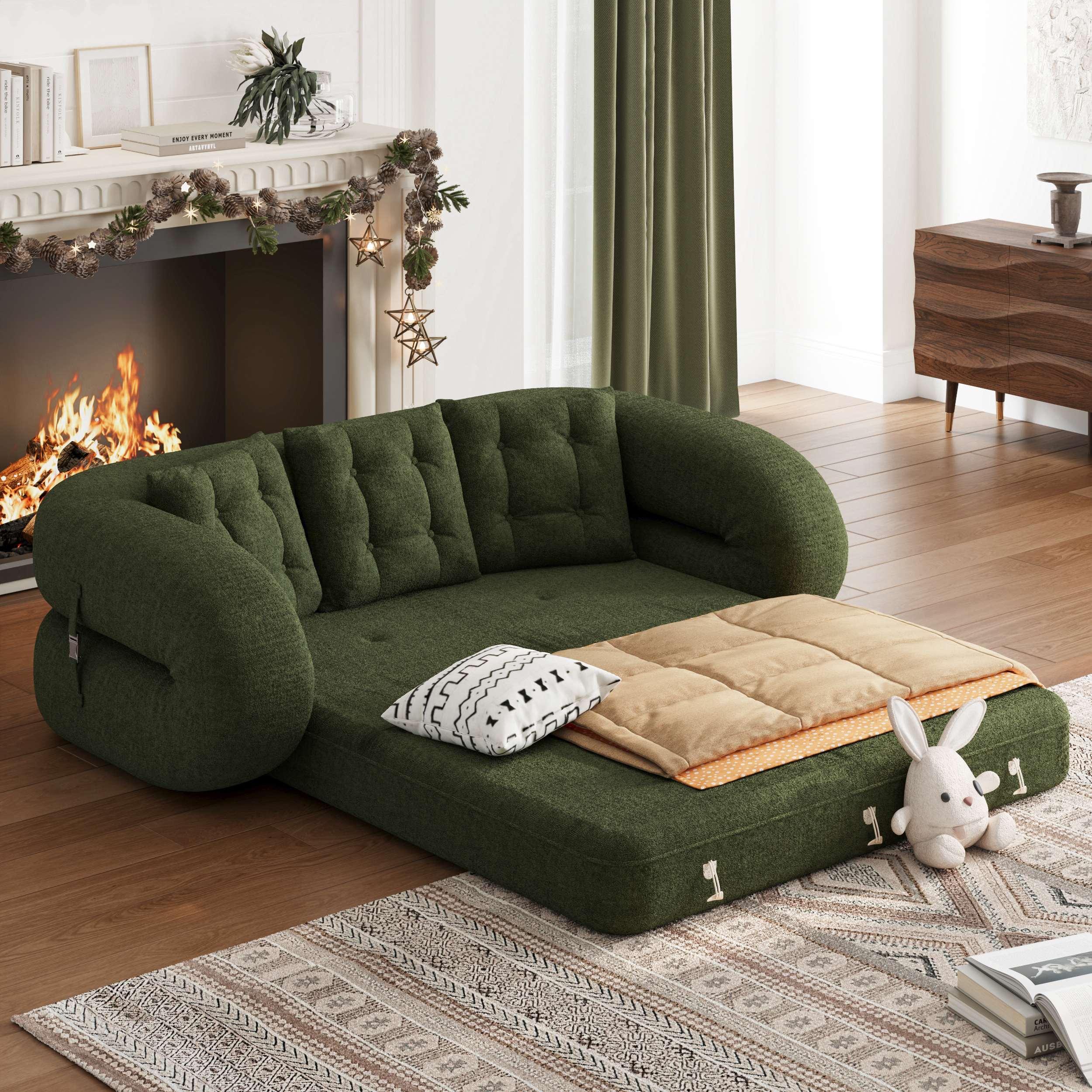 King Size Green Chenille Velvet Upholstered Sleeper Sofa 3-Seater Modern 82" Convertible Futon Sofa