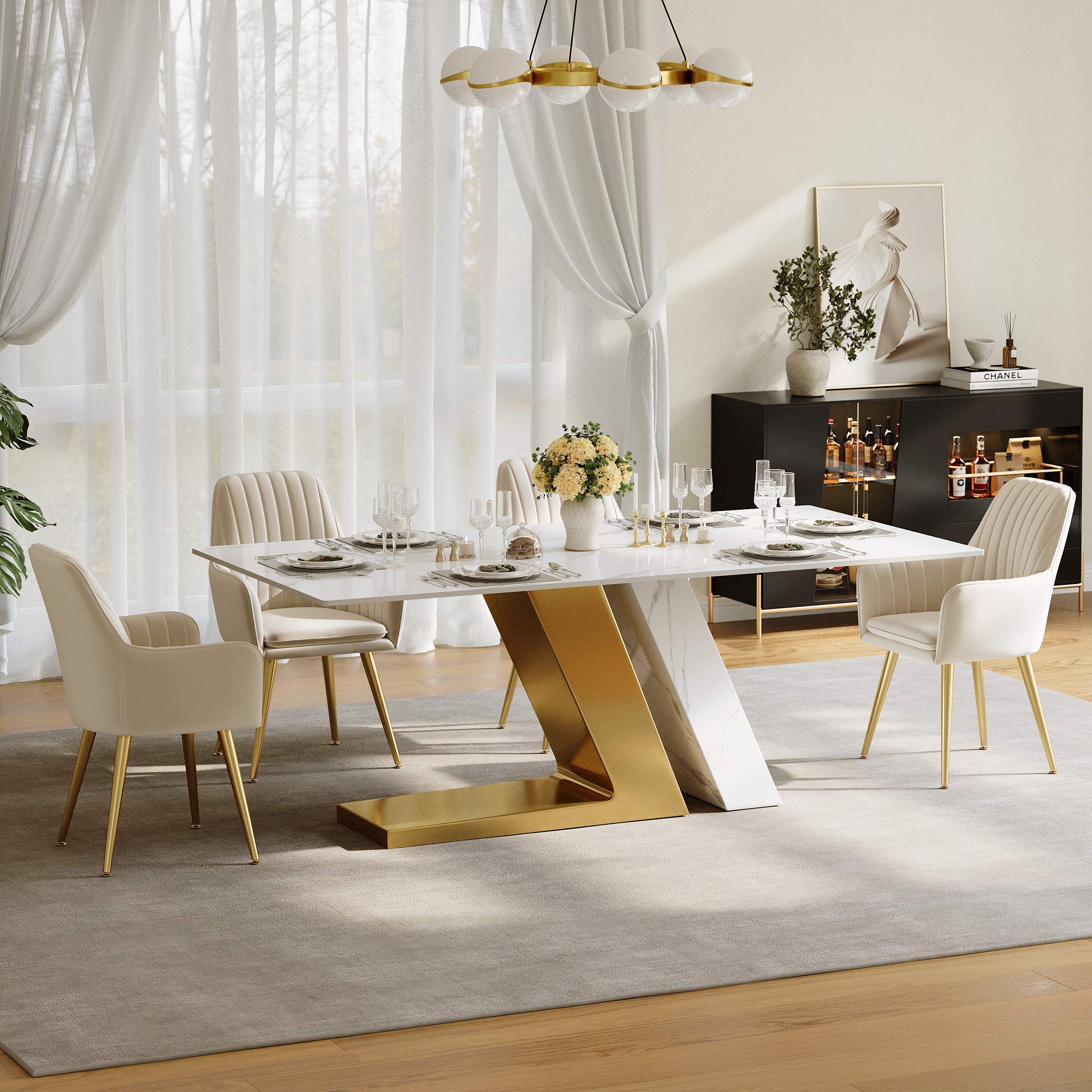 79" Rectangle Faux Marble Dining Table for 8 People Affordable Luxury Modern White