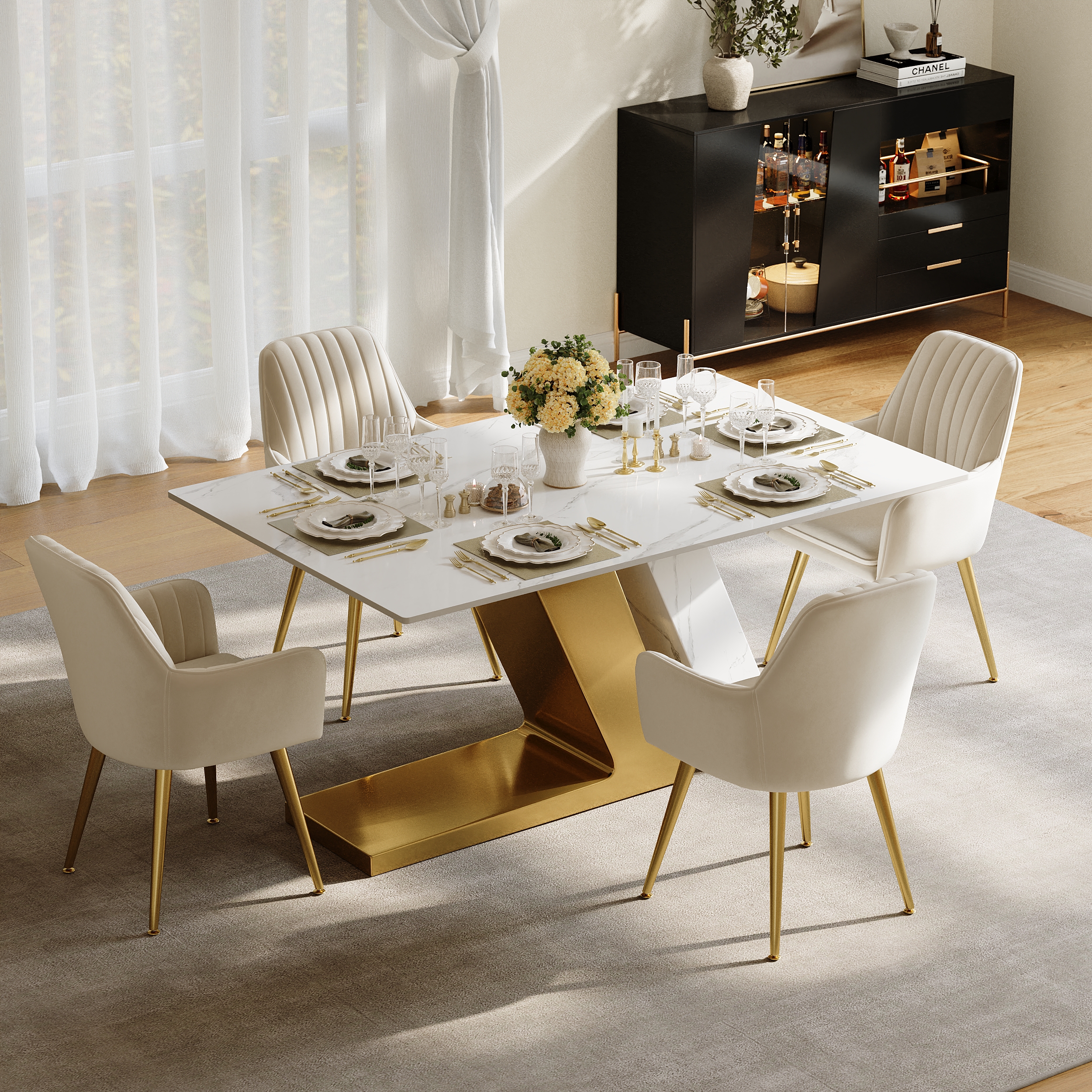 Luxotic Modern 63" White Dining Table for 6 Rectangle Sintered Stone & Stainless Steel