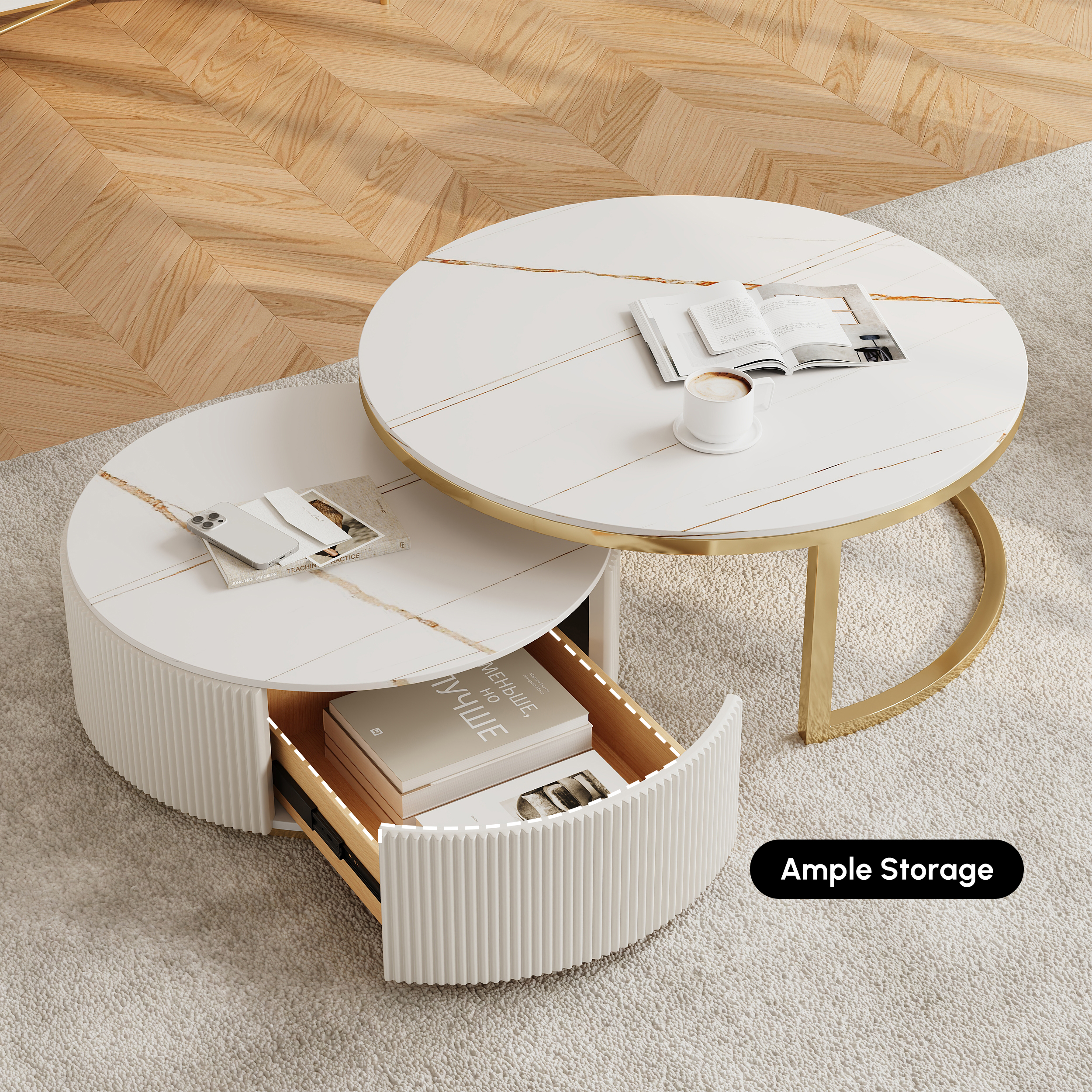 Couchtisch Nesting Set rund aus Metall mit Sinterstein in Weiß und Gold, mit Schubladen, ausziehbar moderner Wohnzimmertisch 80 cm｜Homary DE