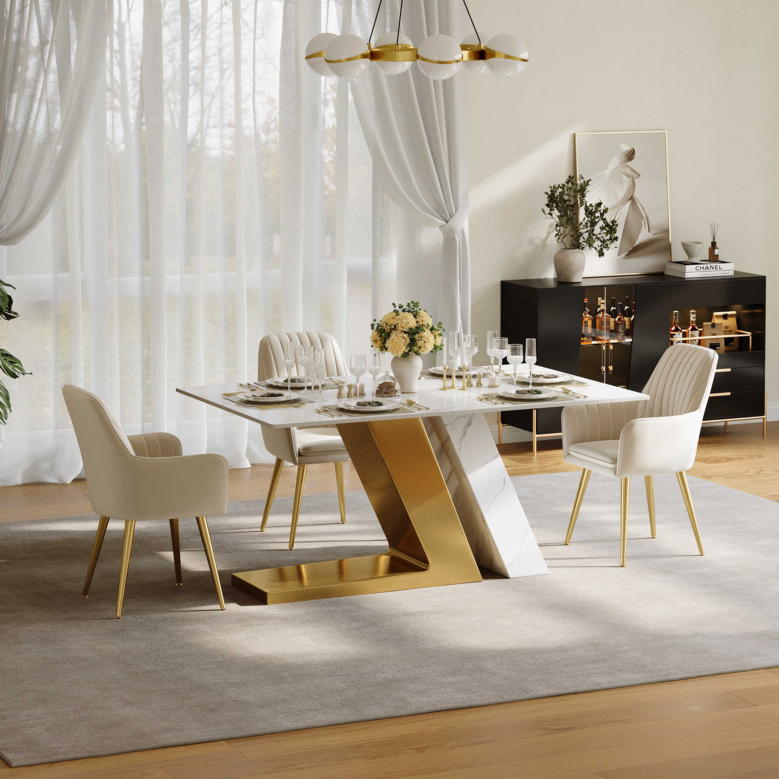 Luxotic Modern 63" White Dining Table for 6 Rectangle Sintered Stone & Stainless Steel
