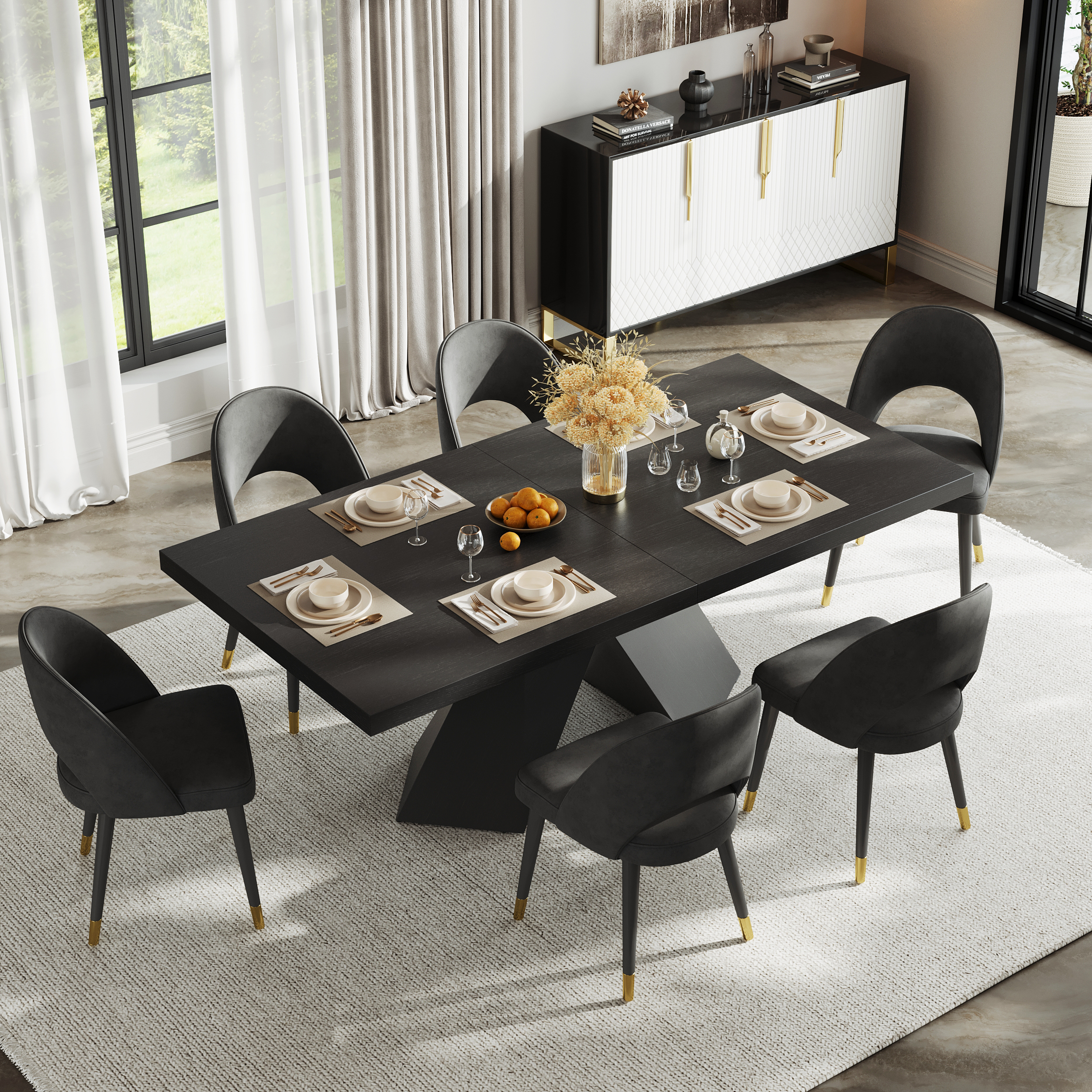 Mesa de comedor negra extensible de 2000 mm a 2400 mm y 6 sillas de comedor de ratán negro Japandi