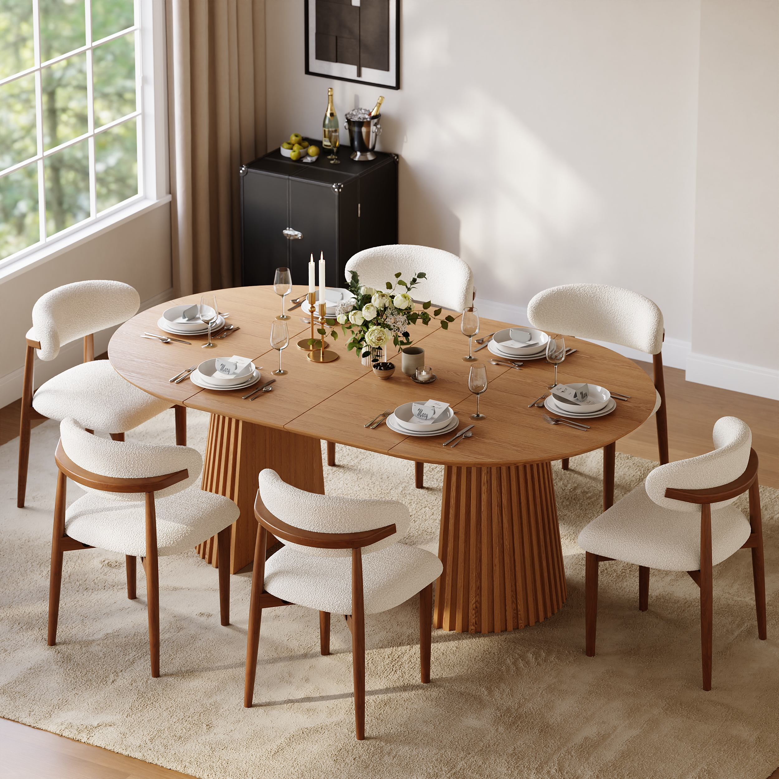Mesa de comedor extensible de madera maciza de 1200 mm a 2000 mm con 6 sillas