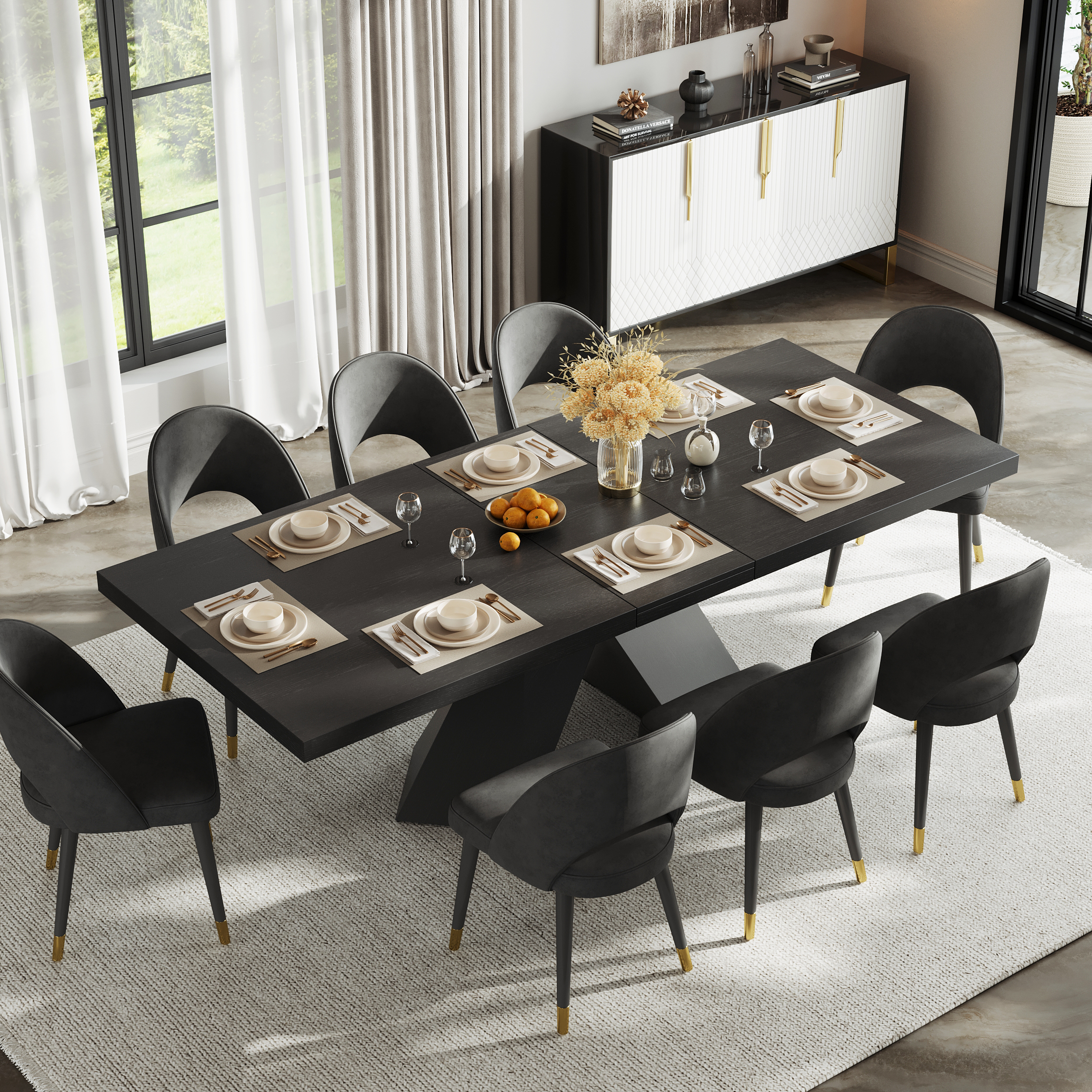Mesa de comedor negra extensible de 2000 mm a 2400 mm y 8 sillas de comedor de ratán negro Japandi
