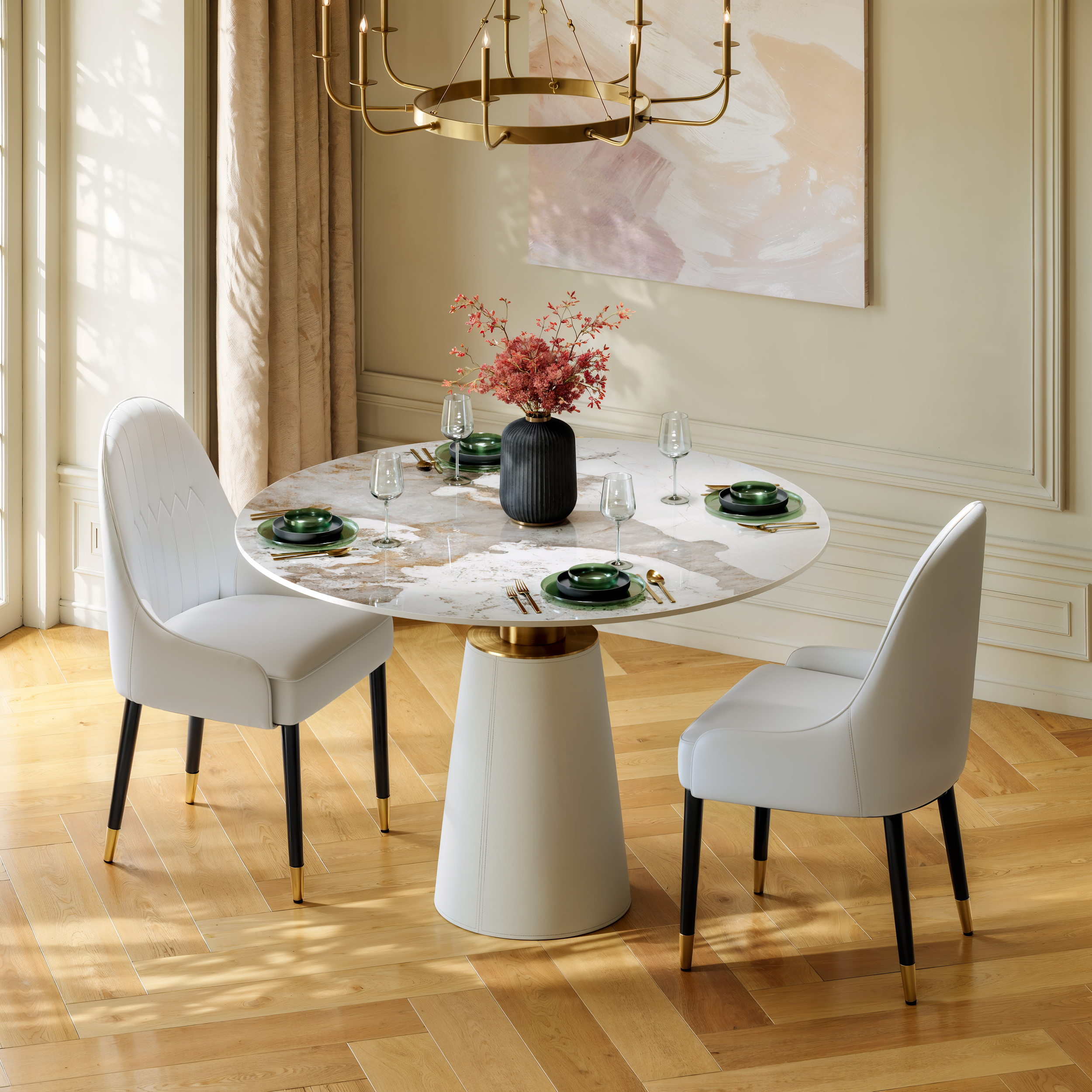 Mesa de comedor redonda de piedra sinterizada de 1000 mm con base de cuero para 2 a 4 personas