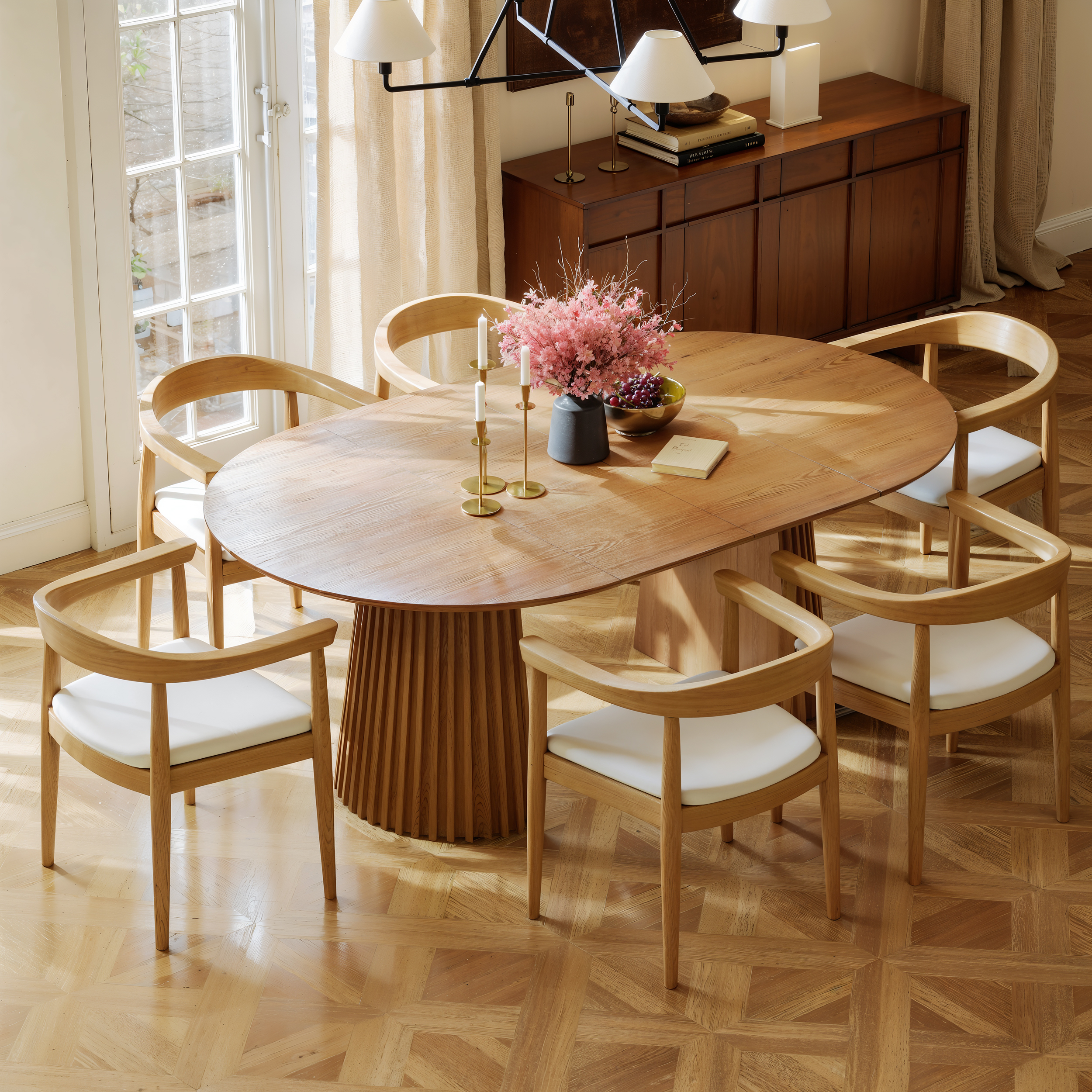 Mesa de comedor extensible de madera maciza de 1200 mm a 2000 mm con 6 sillas