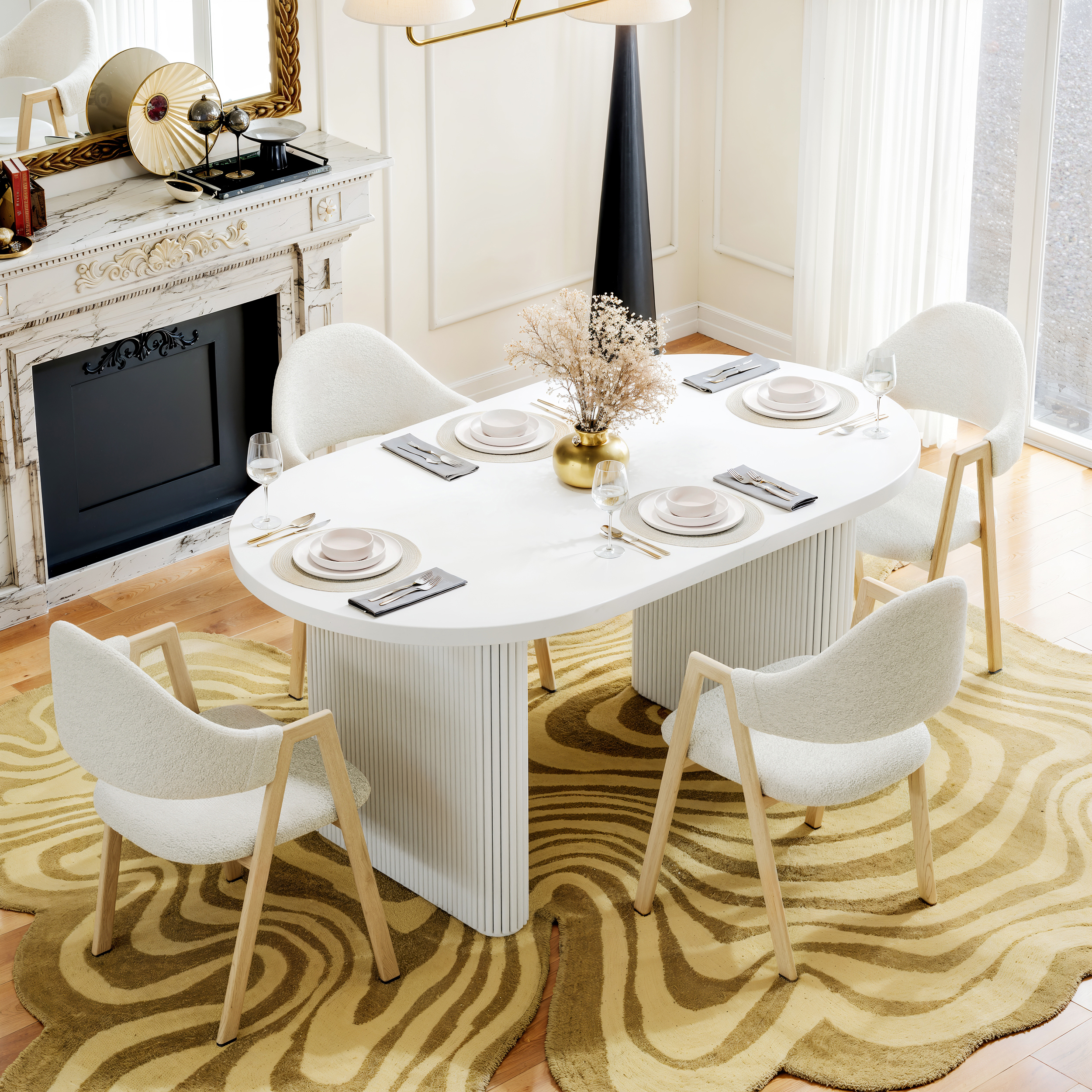 Juego de mesa de comedor y 4 sillas de comedor Japandi, ovaladas, extensibles, blancas, de 1600 mm a 2000 mm