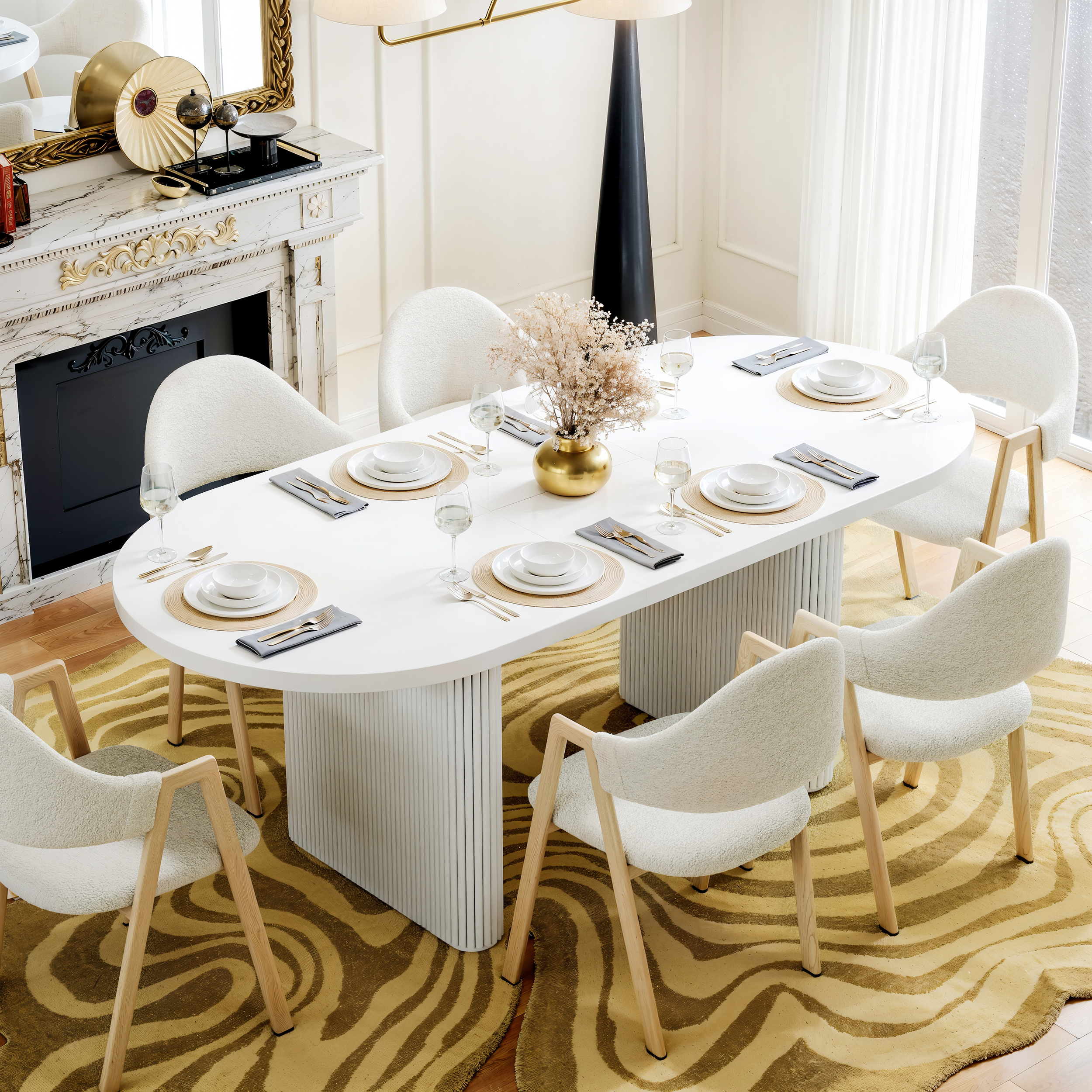 Ensemble table de salle à manger ovale extensible blanche Japandi 1600 mm à 2000 mm et 6 chaises de salle à manger-image-online-fr-fr-55165