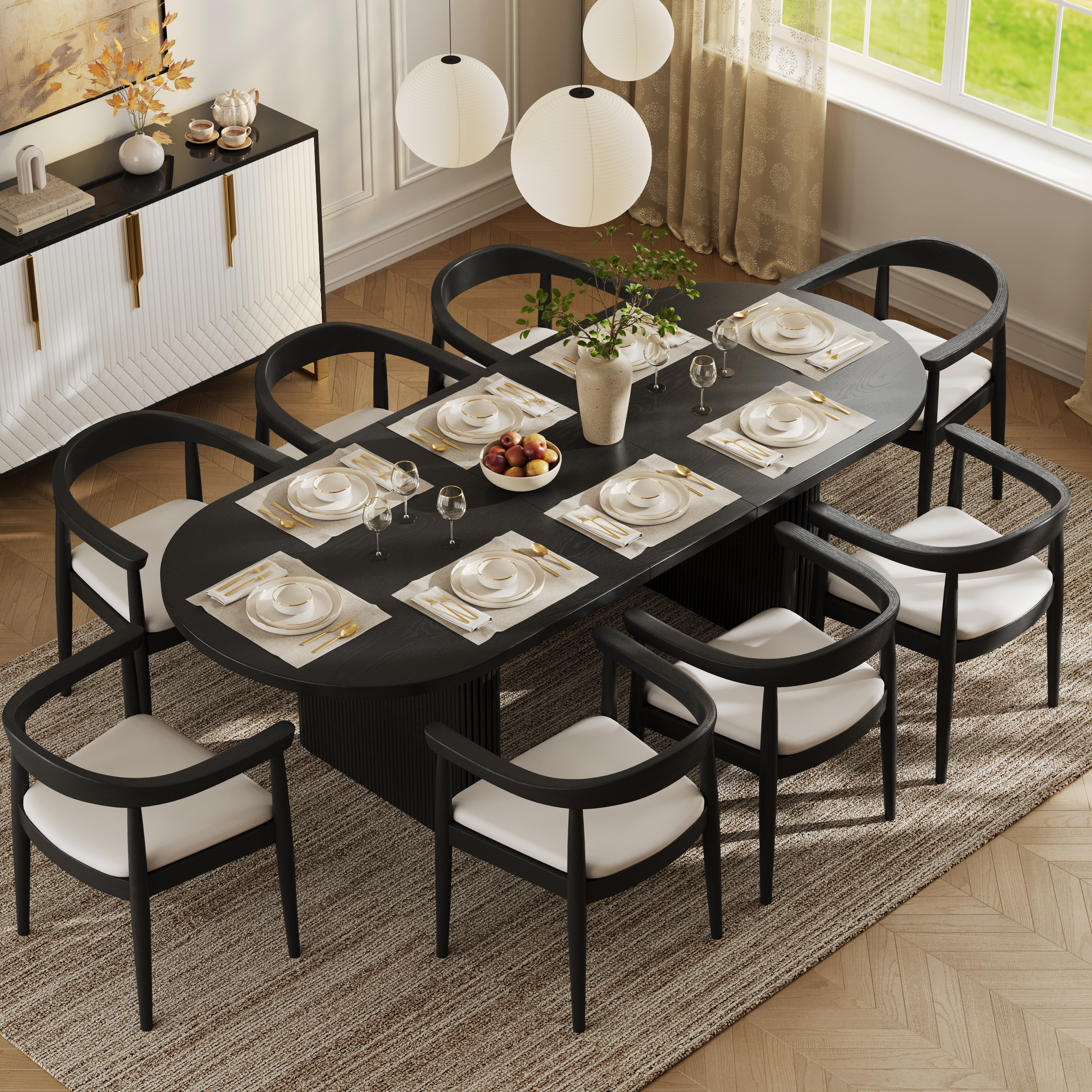 Juego de mesa de comedor y 8 sillas de comedor Japandi, ovaladas, extensibles, negras, de 2000 mm a 2400 mm