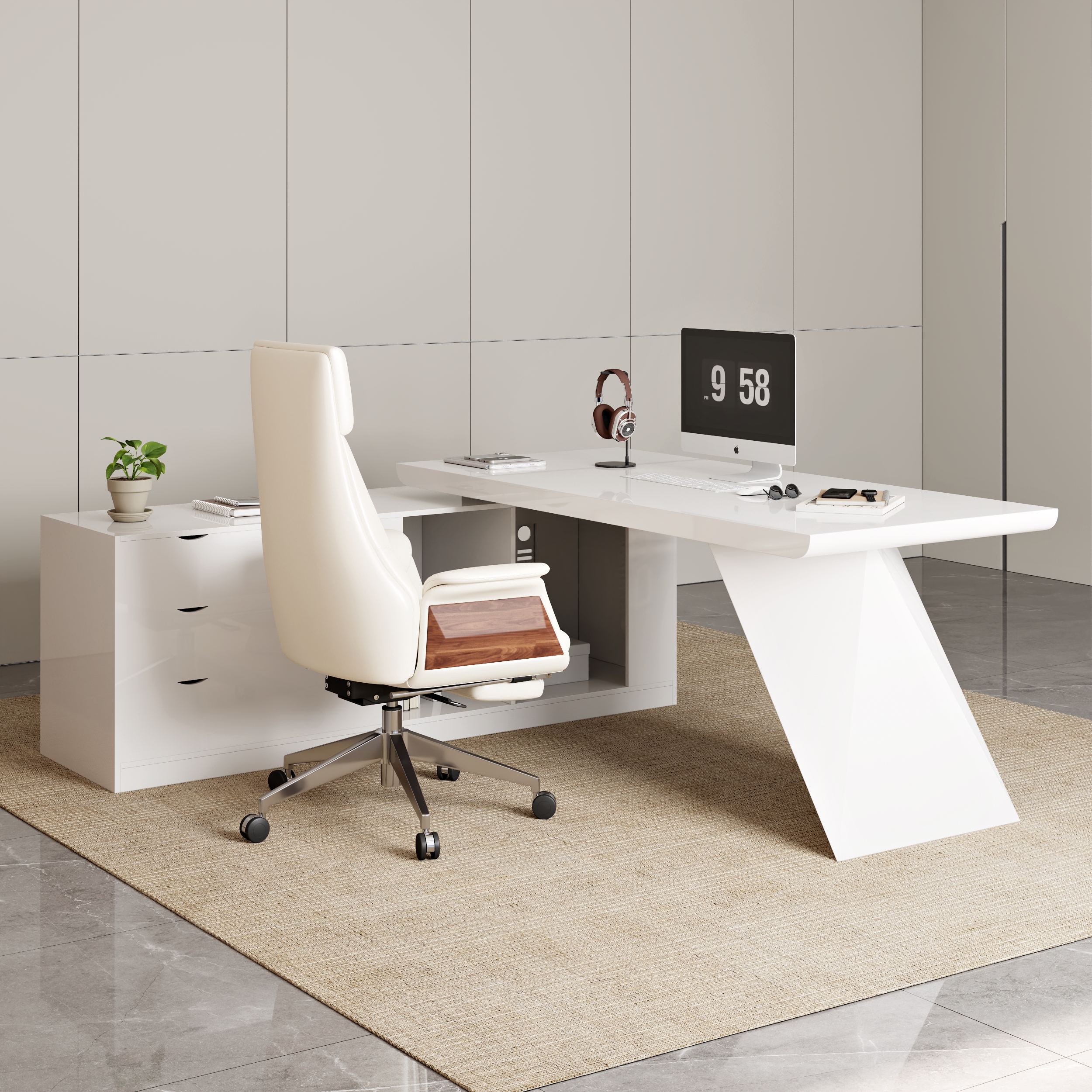 Escritorio ejecutivo moderno blanco grande en forma de L con cajones y conjunto de sillas de escritorio de cuero