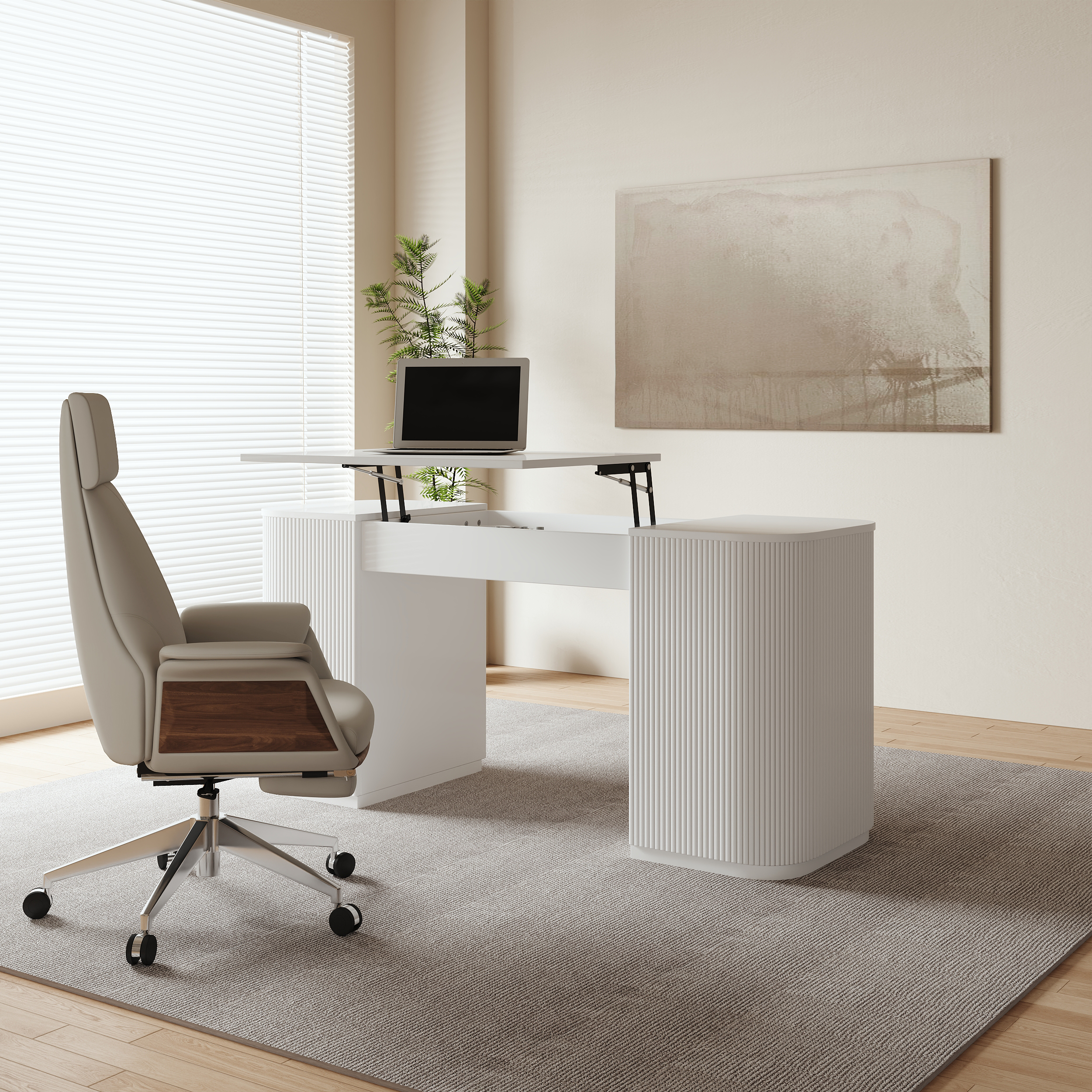 Conjunto moderno de escritorio de escritorio blanco para computadora y silla giratoria de cuero caqui