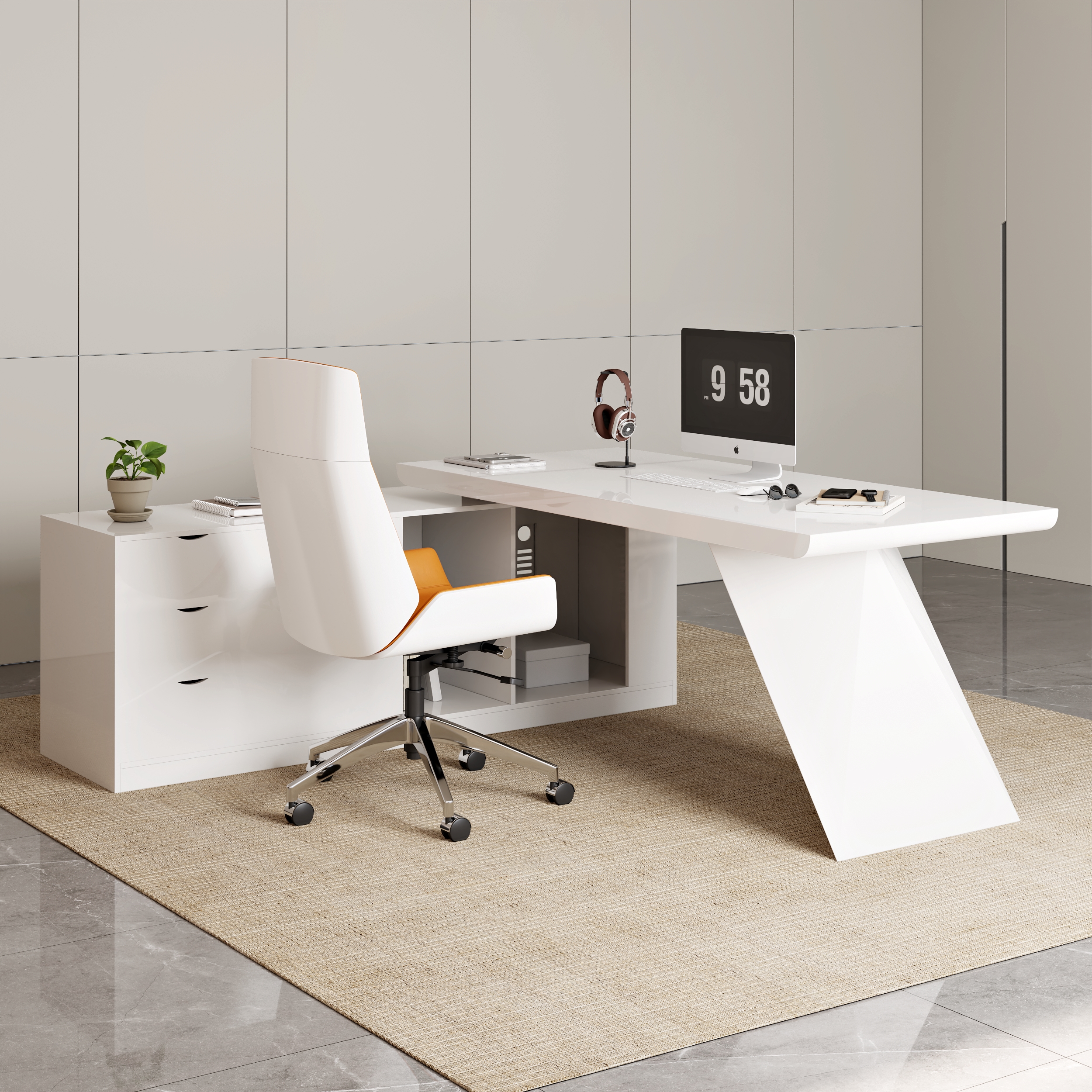 Escritorio ejecutivo moderno blanco grande en forma de L con cajones y juego de sillas de oficina de piel sintética