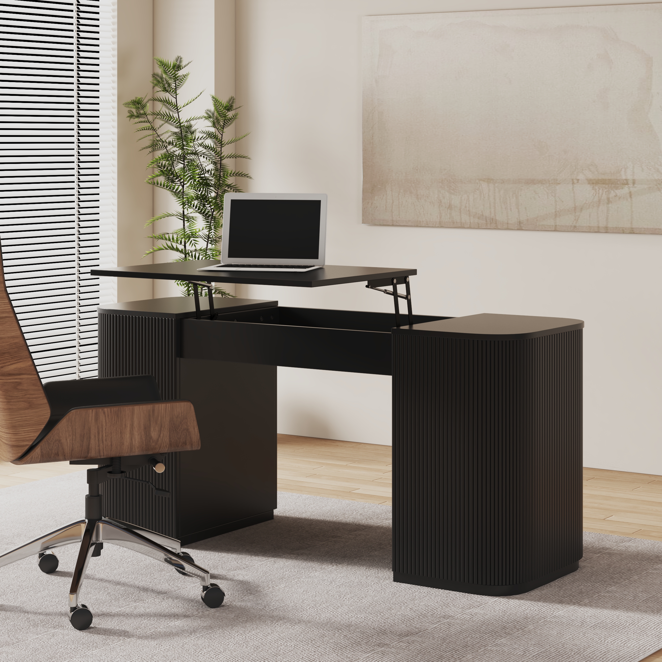 Conjunto moderno de escritorio de ordenador de pie negro y silla de oficina de piel sintética negra