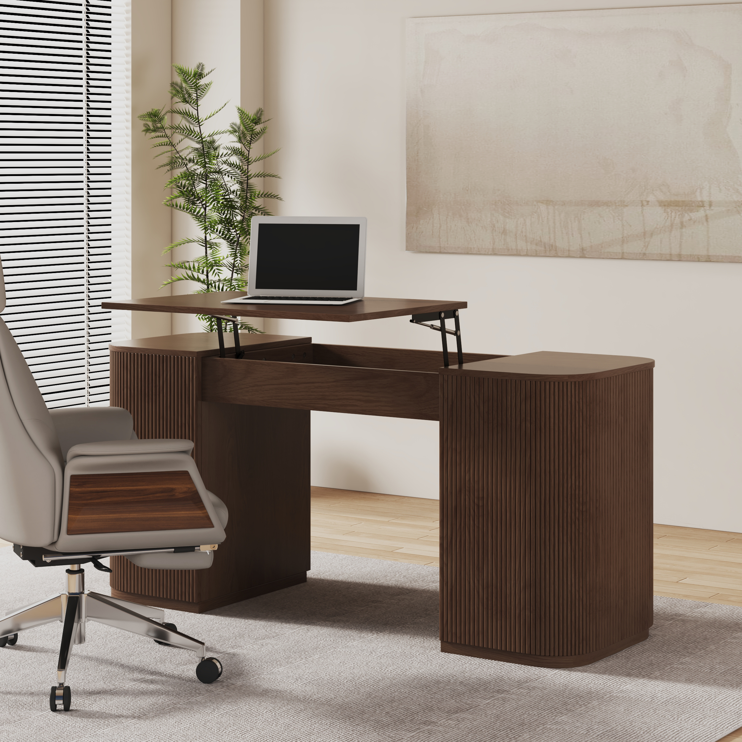 Juego moderno de escritorio de pie de nogal y silla reclinable de cuero para escritorio de oficina (59.8 pulgadas)