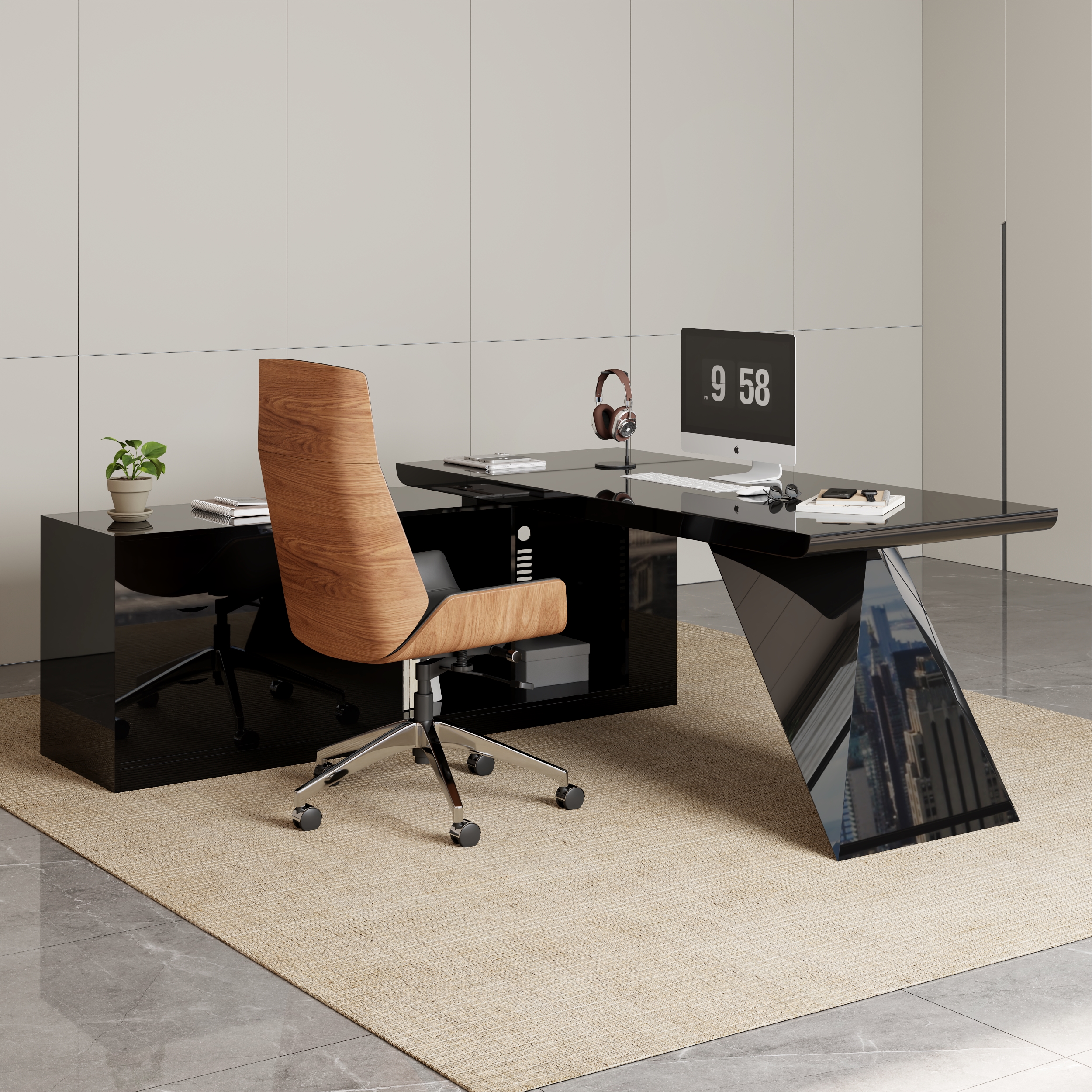 Escritorio ejecutivo moderno en forma de L negro con cajones y silla de escritorio de piel sintética negra