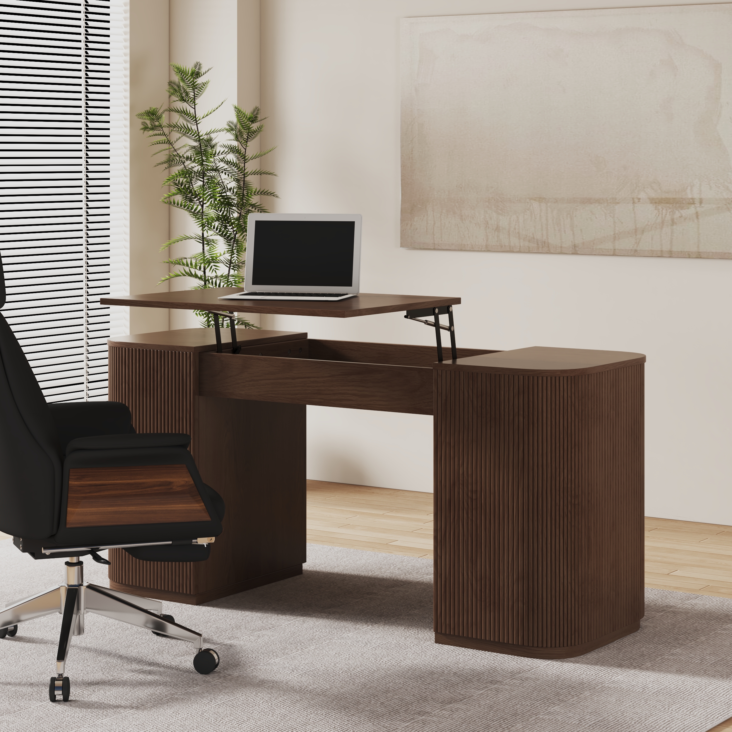 Escritorio moderno de pie de nogal y silla de escritorio de cuero negro (59.8 pulgadas)
