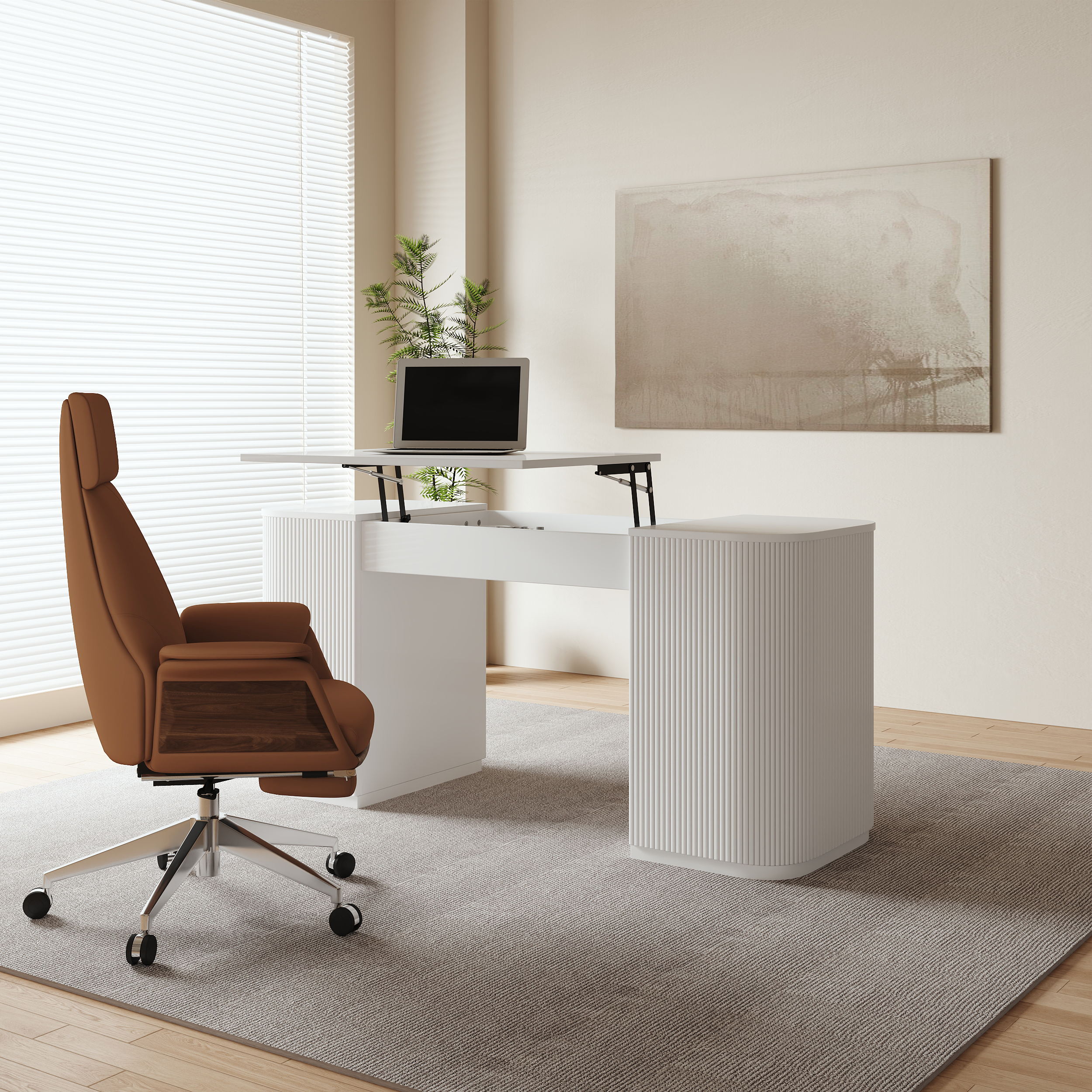 Escritorio y reposapiés modernos de pie para computadora de color blanco, juego de sillas de escritorio ergonómicas de cuero