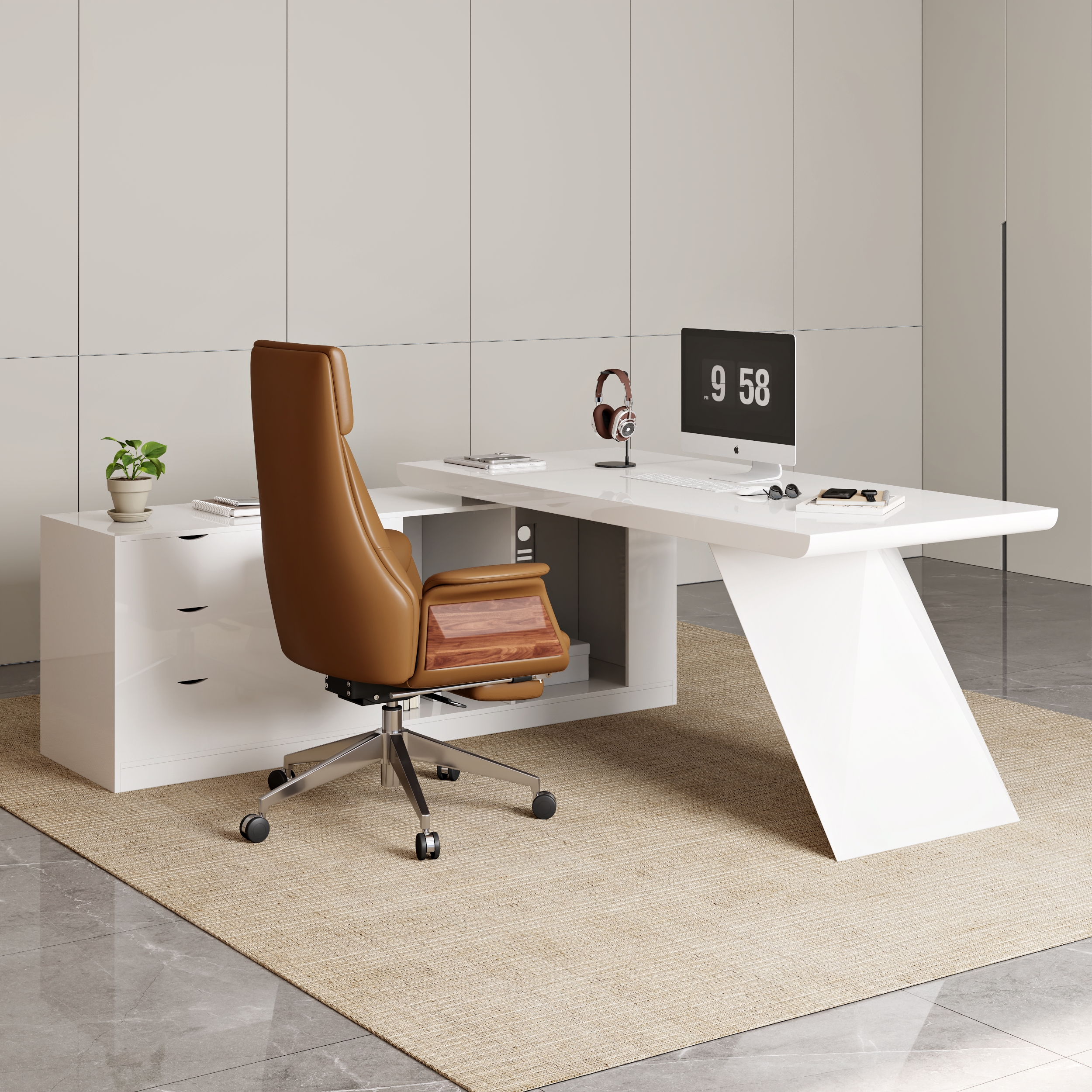 Escritorio ejecutivo moderno blanco grande en forma de L con cajones y conjunto de sillas de escritorio de cuero