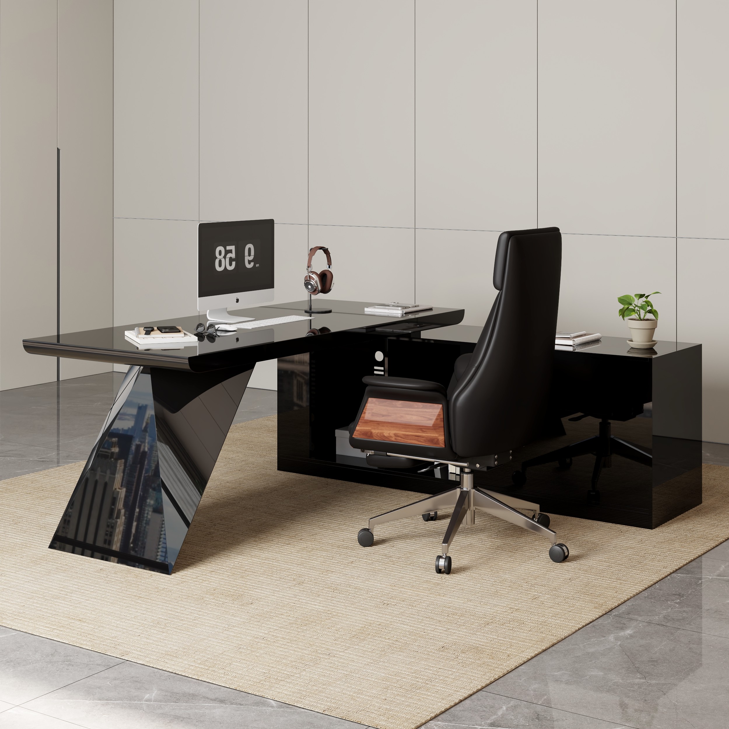Escritorio ejecutivo moderno en forma de L negro con cajones y conjunto de sillas de oficina giratorias de cuero negro
