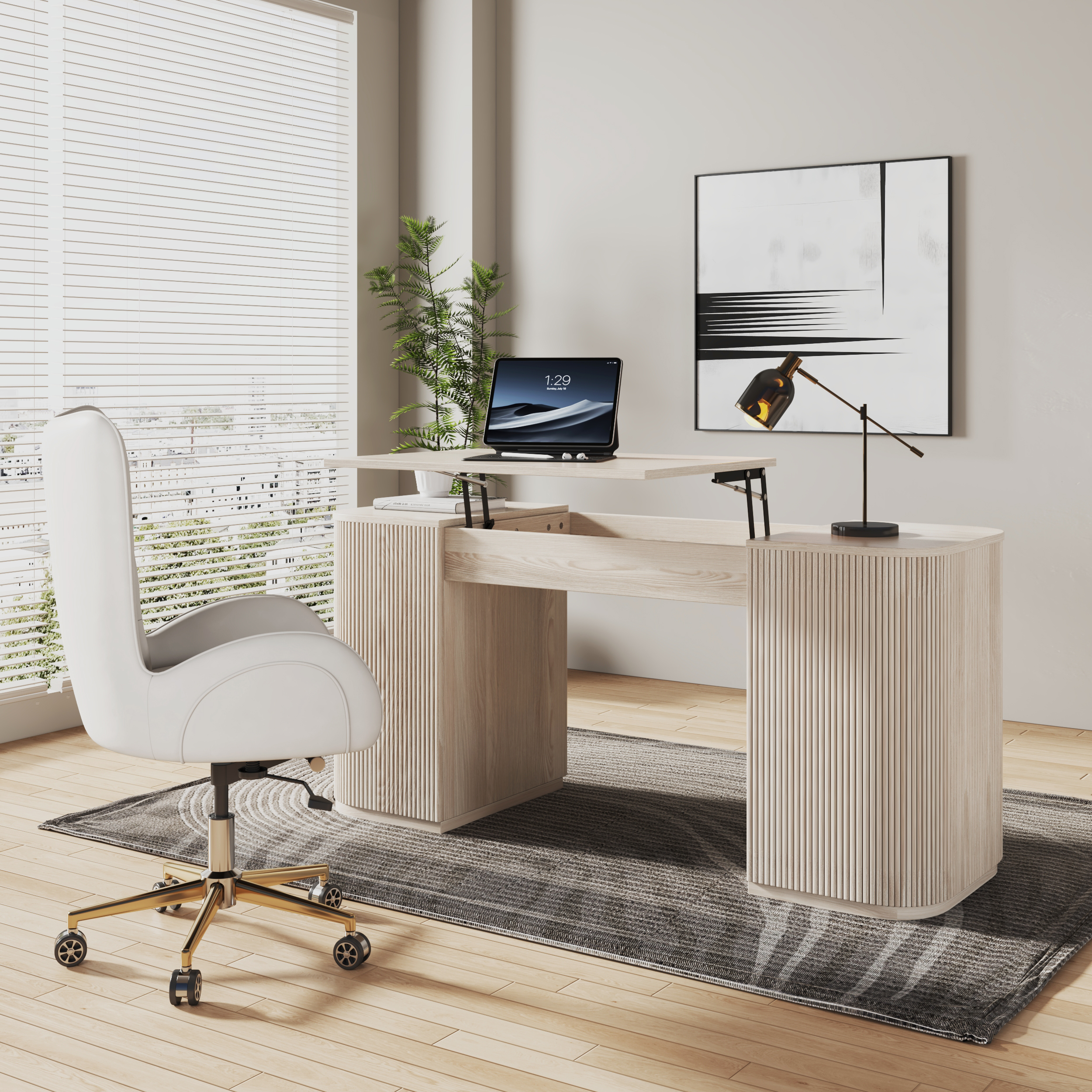 Juego de escritorio de ordenador moderno de pie blanco lavado y silla de escritorio giratoria moderna de piel de roble