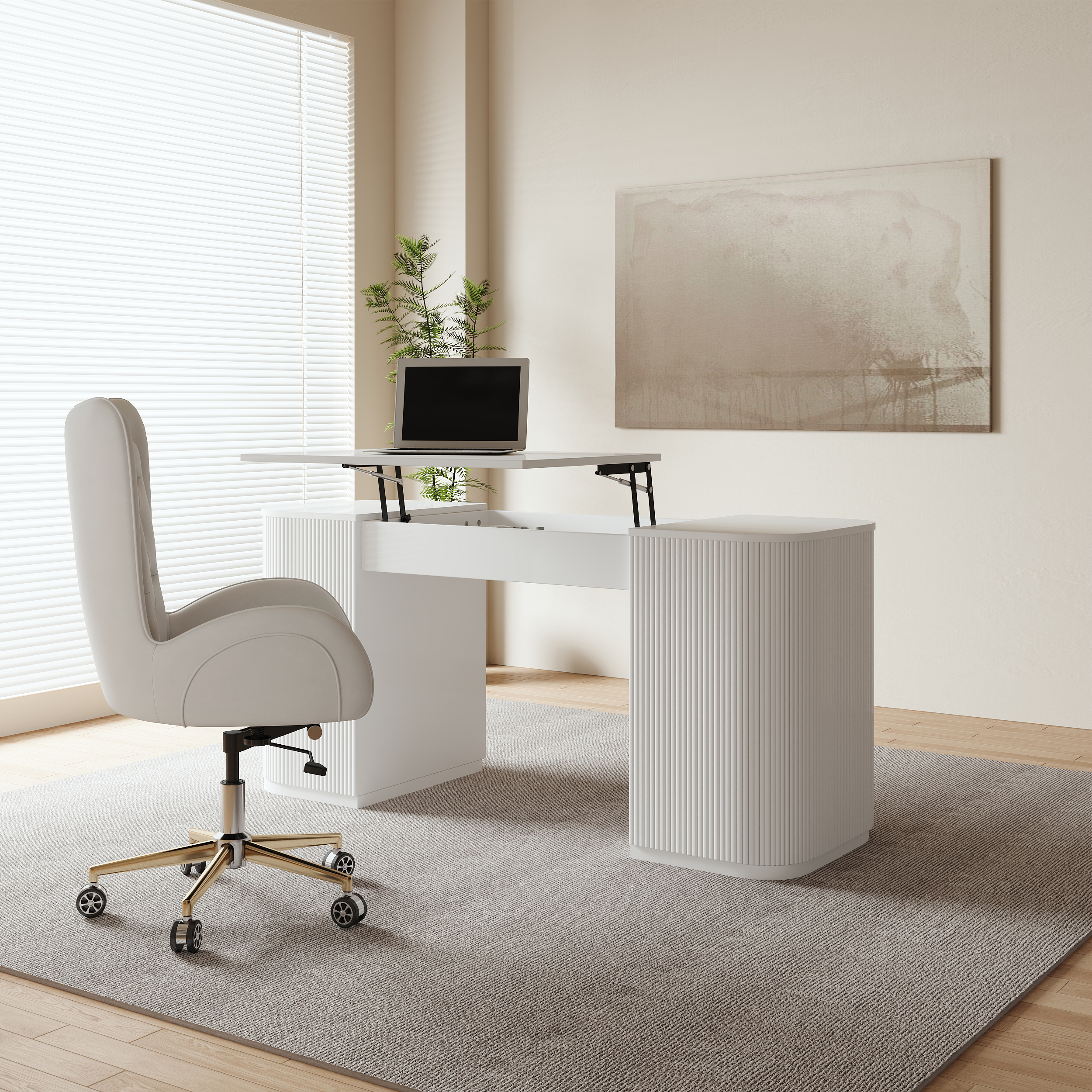 Conjunto moderno de escritorio blanco para computadora y silla giratoria de escritorio de cuero blanco