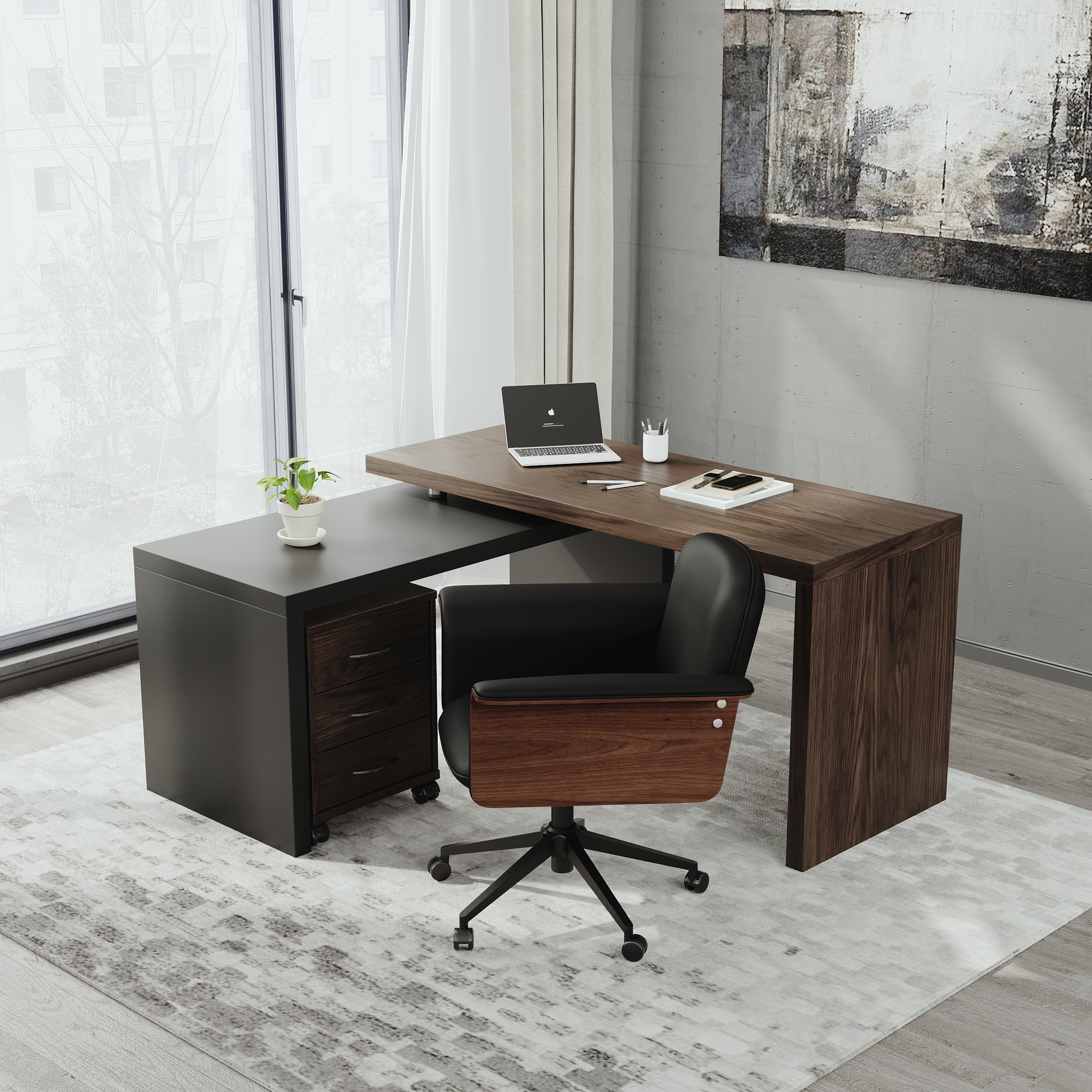 Conjunto moderno de escritorio ejecutivo giratorio en forma de L y silla de oficina giratoria de piel sintética negra