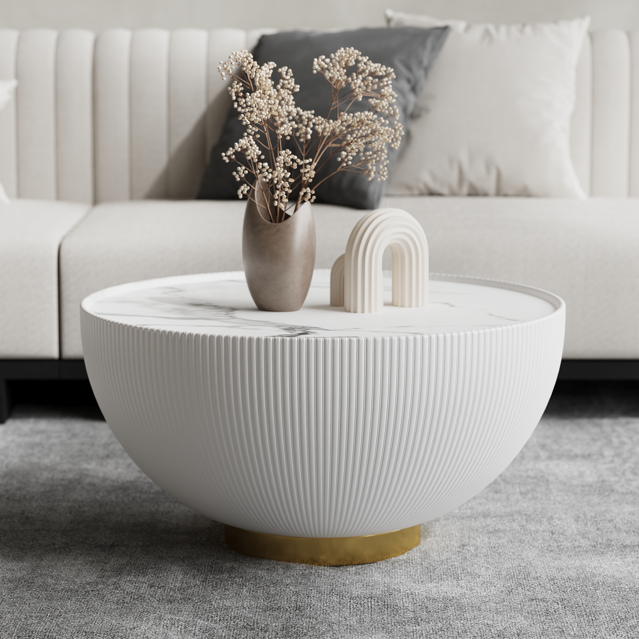 Gray Drum Coffee Table Sintered Stone Round PU-Leather Accent Table