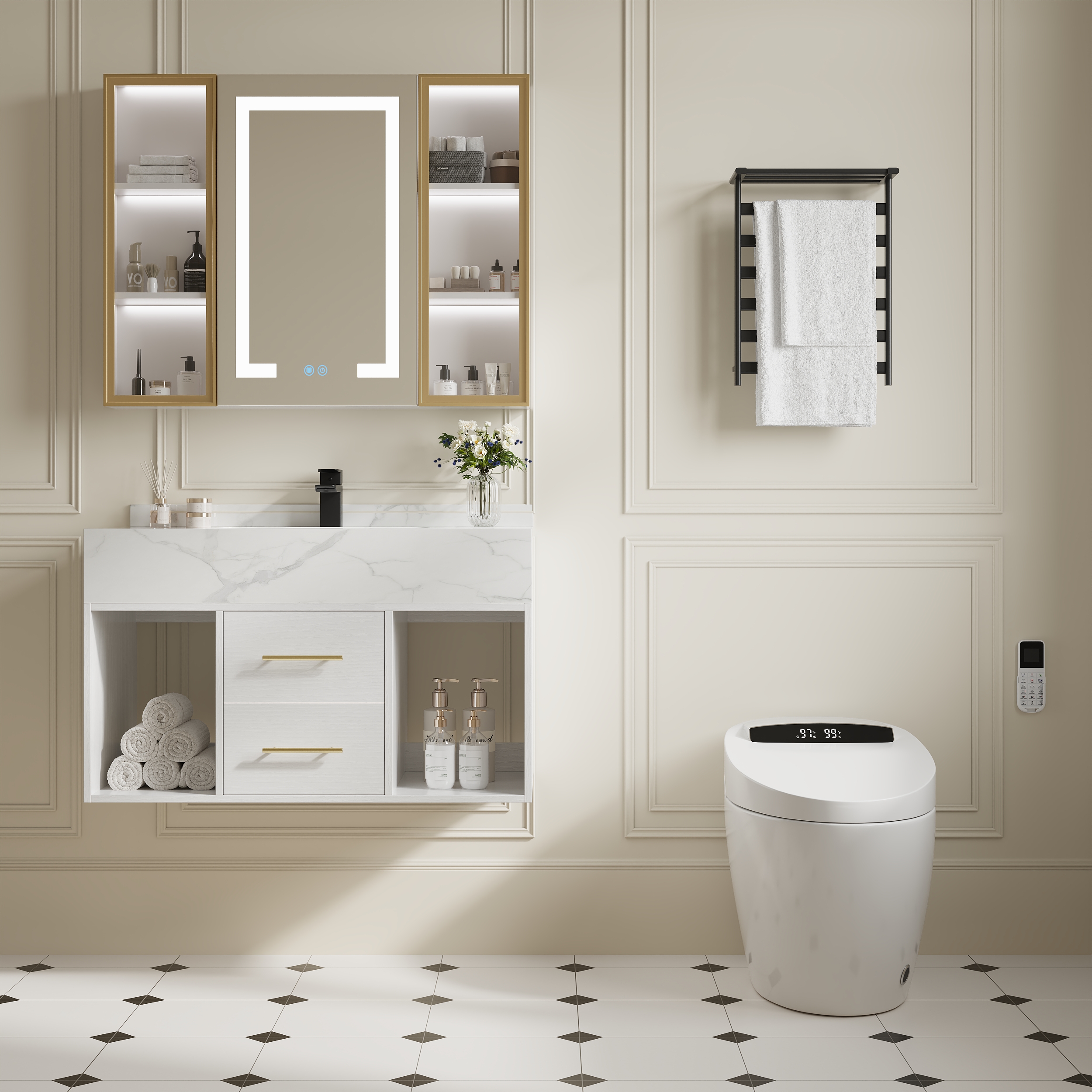 900mm Floating Bathroom Vanity & Automatic Toilet One-Piece Smart Toilet Wall Outlet