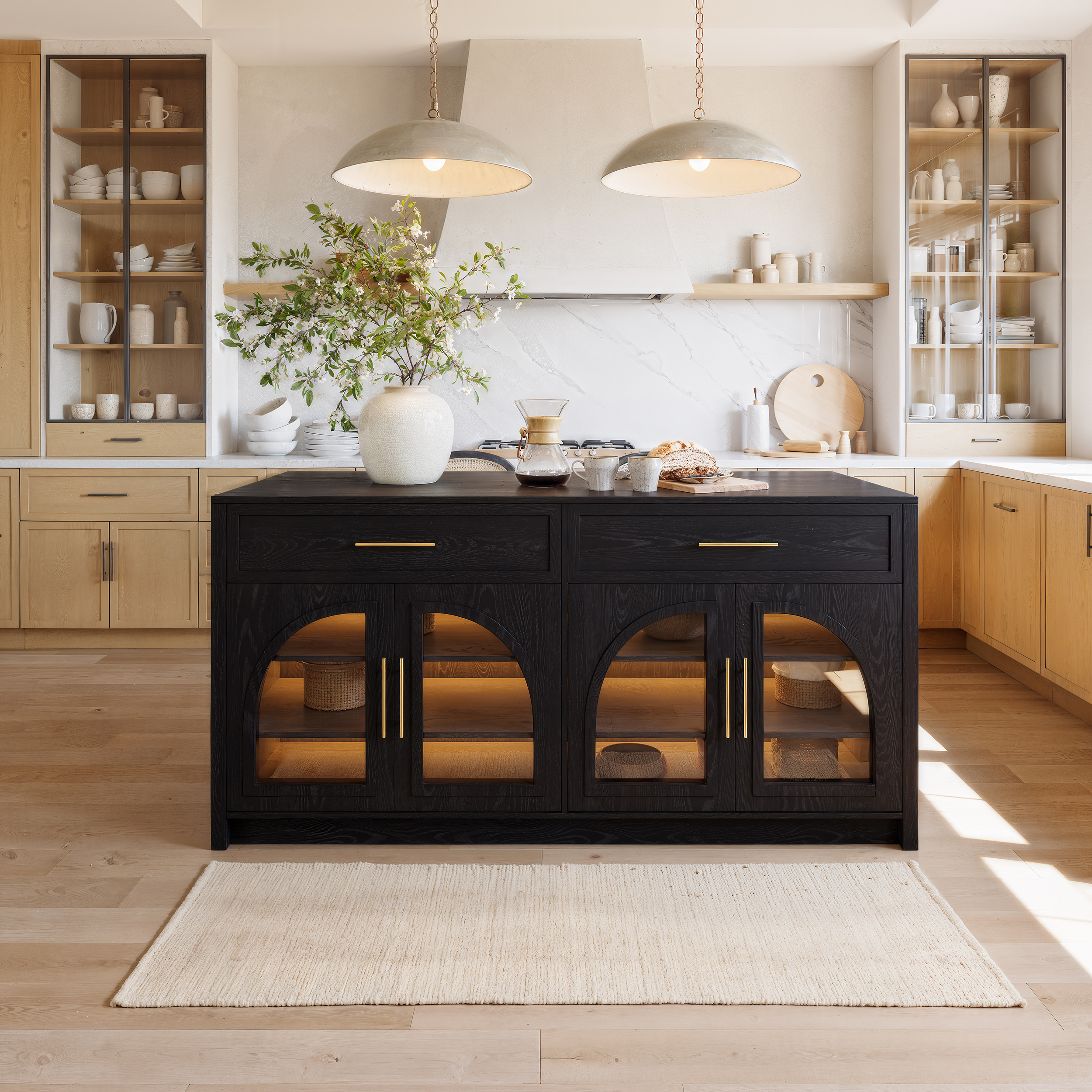 Arune 180 cm Modern Black Kitchen Island with Glass Doors, LED Light Stripï¼ Ample Storage