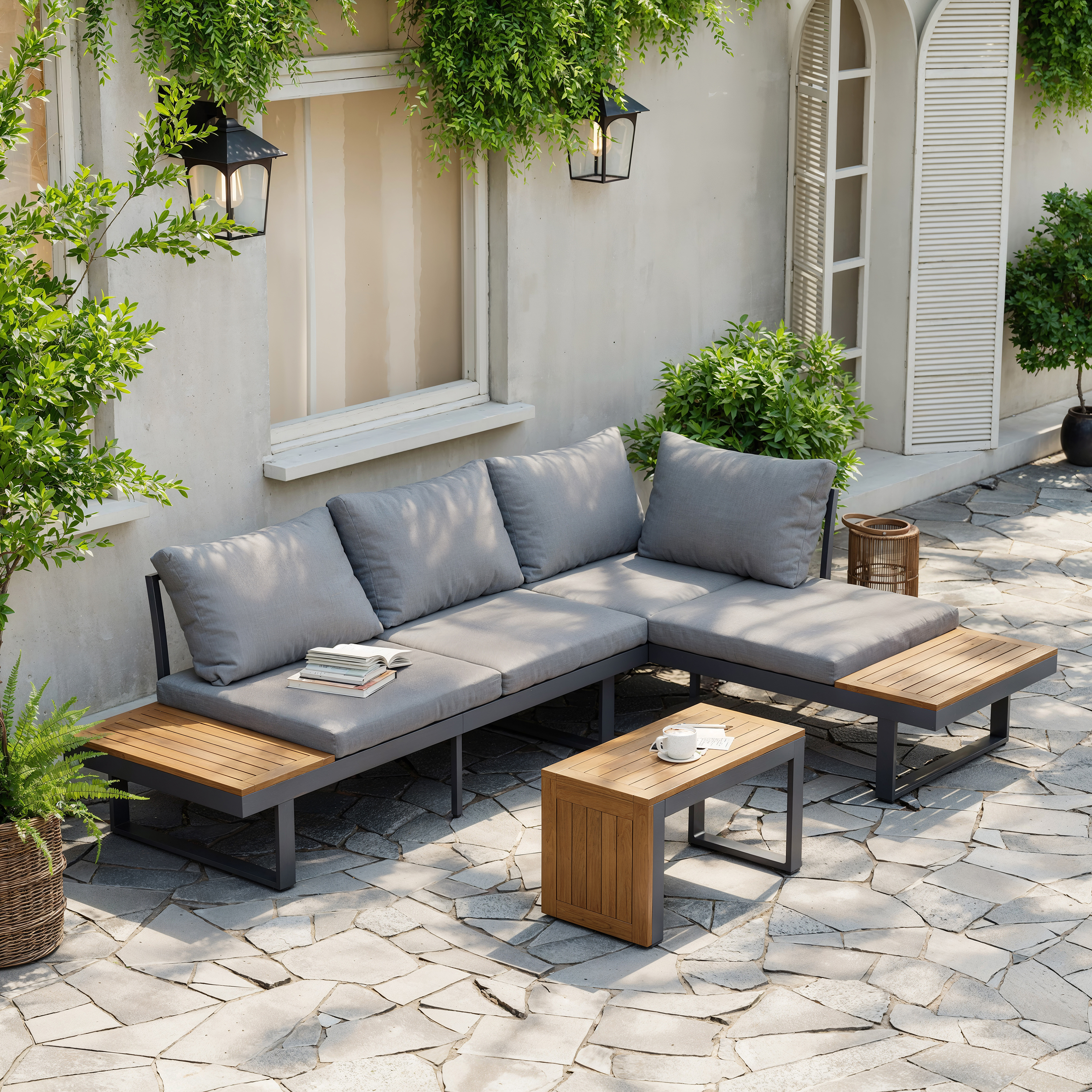 Slatera 4 Seater Modular Outdoor Acacia Sectional Sofa Set with Cushion and Table, 3 PCS Versatile L