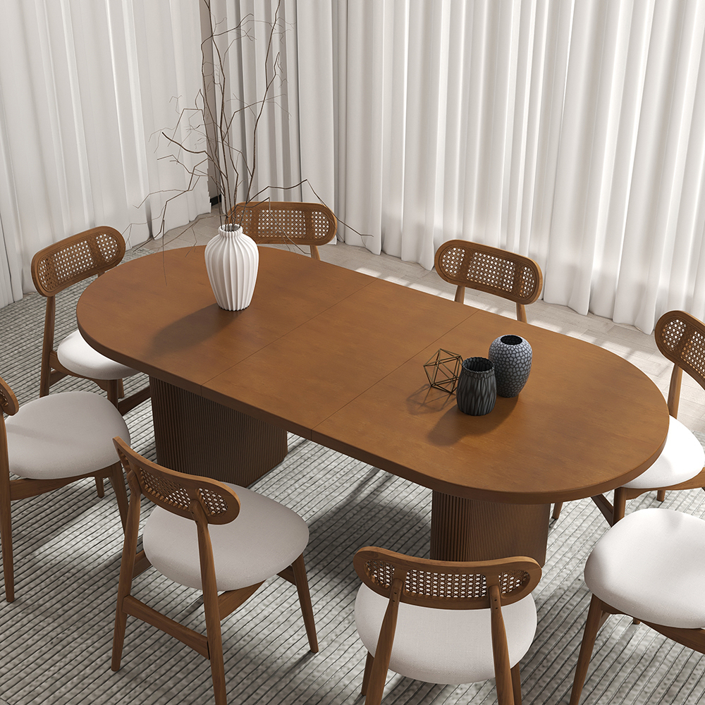 Mesa de comedor ovalada extensible de nogal Japandi de 79 a 94 pulgadas con forma de mariposa para 8 plazas en nogal