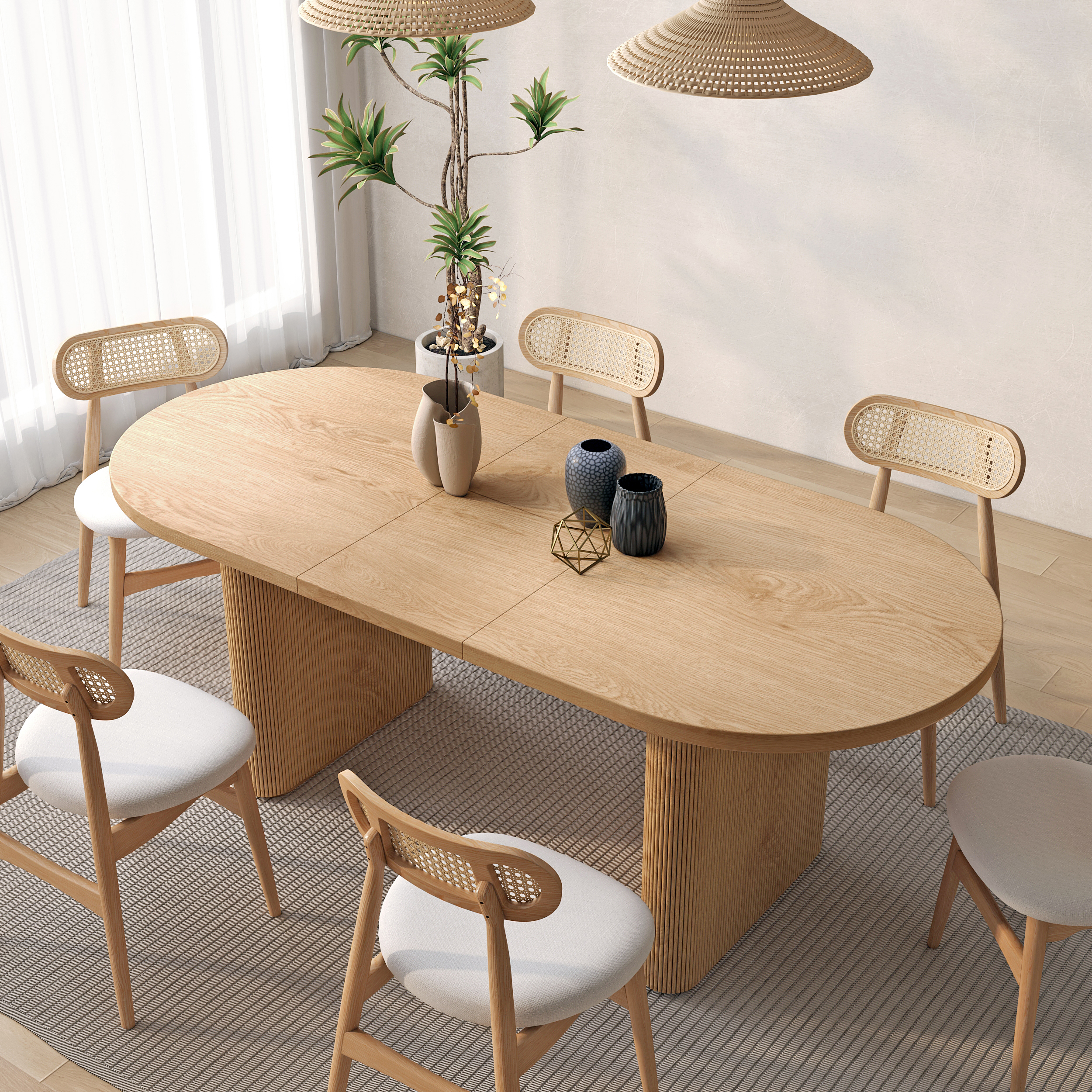 Mesa de comedor extensible ovalada Japandi de 160-200 cm, natural, con hoja de mariposa, para 4-6 comensales