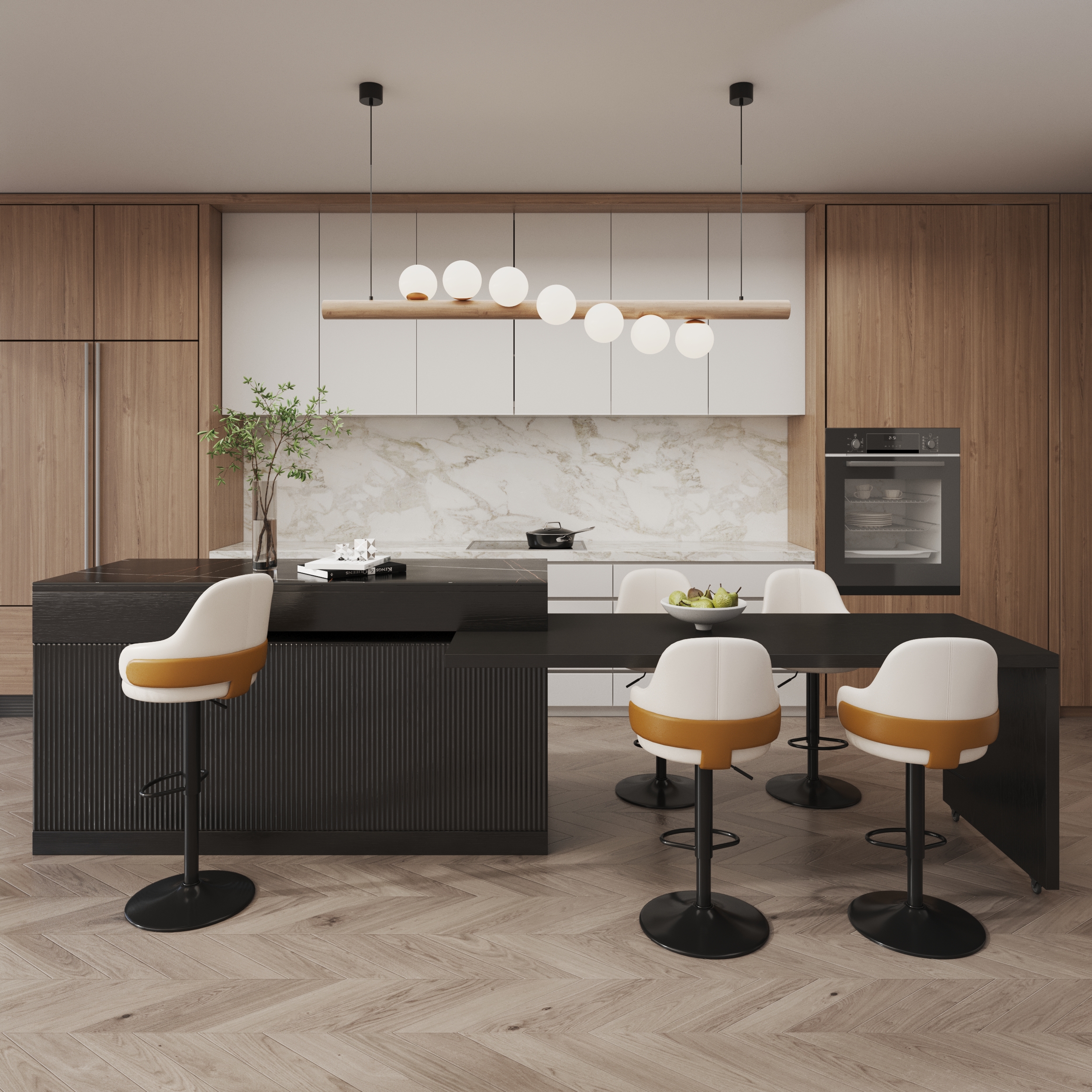 Plateau de cuisine extensible en placage de marbre, 2050 mm à 2680 mm, noir, moderne, avec portes et tiroirs-image-online-fr-fr-54397
