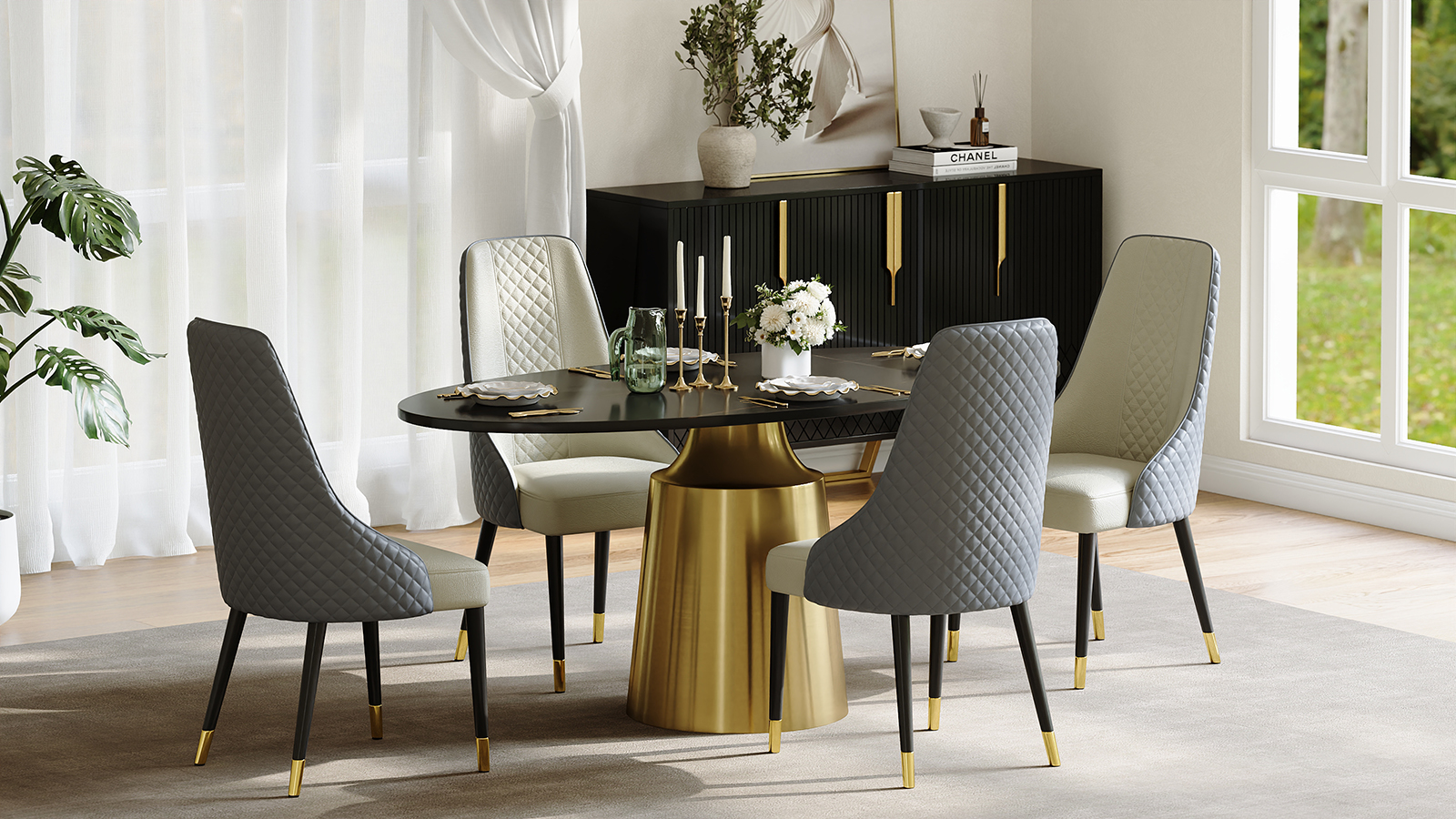 1600mm Modern Oval Stone Dining Table with Bronze Carbon Steel