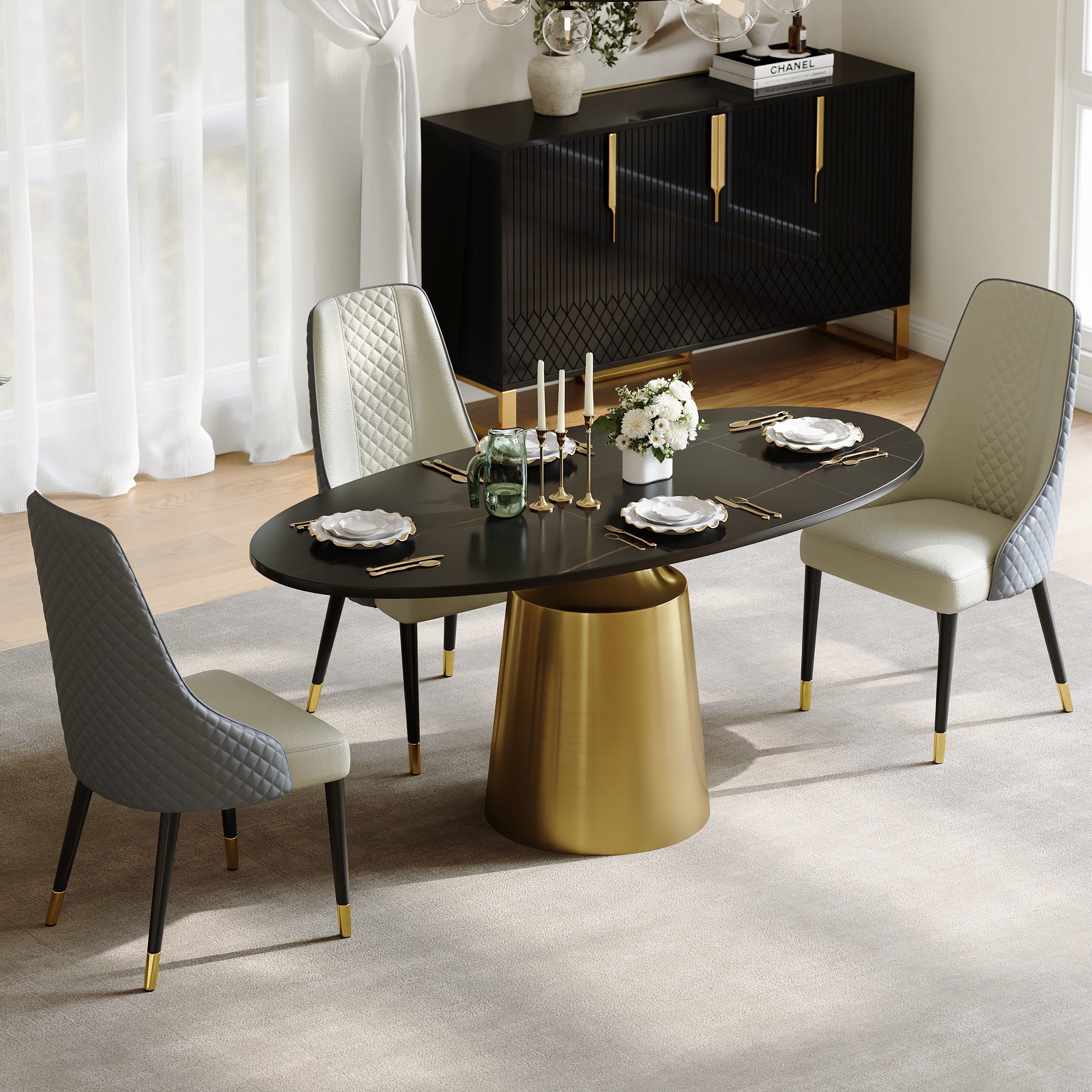 1600mm Modern Oval Stone Dining Table with Bronze Carbon Steel