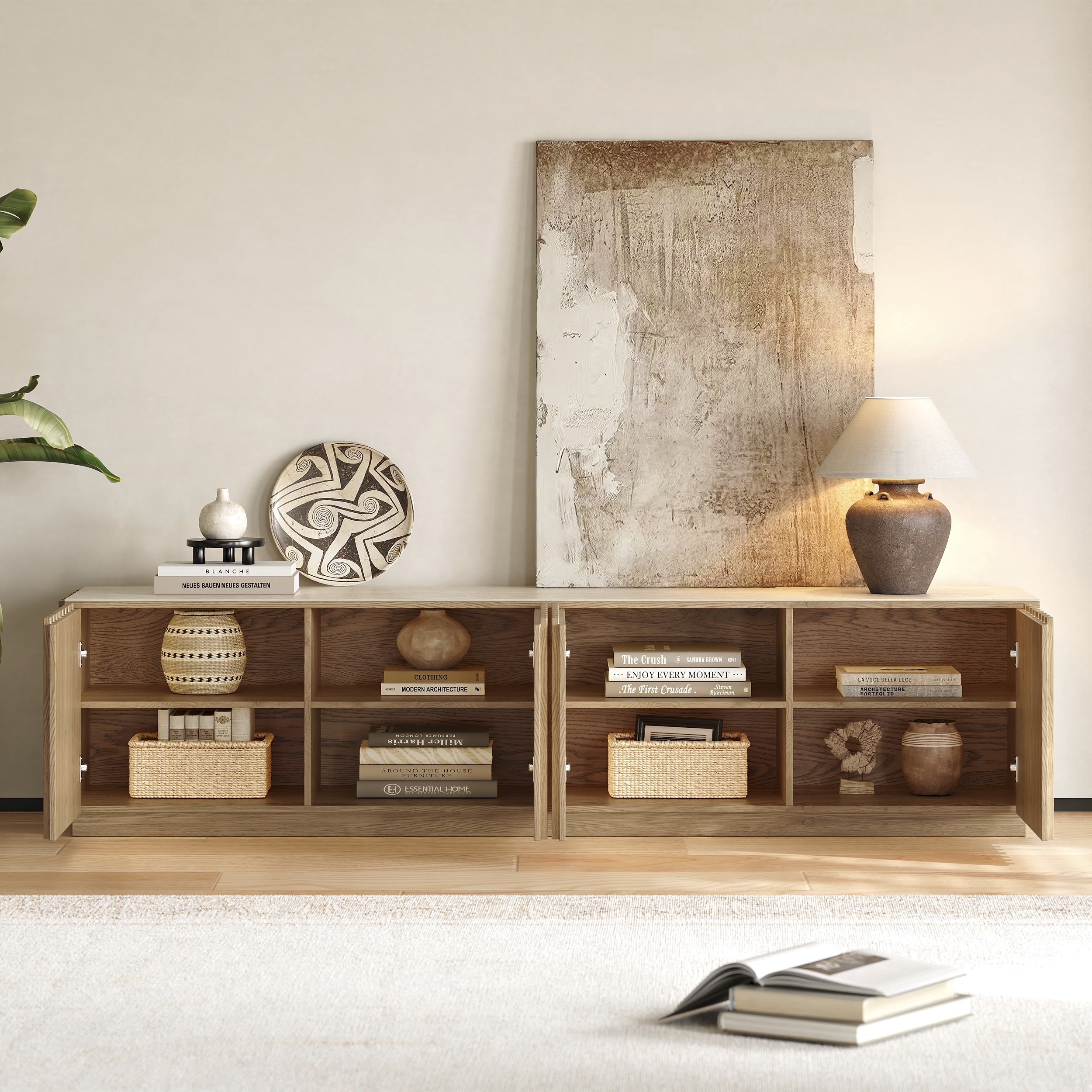 Aura 2130mm Ash Wood Slatted Natural TV Stand with Sintered Stone