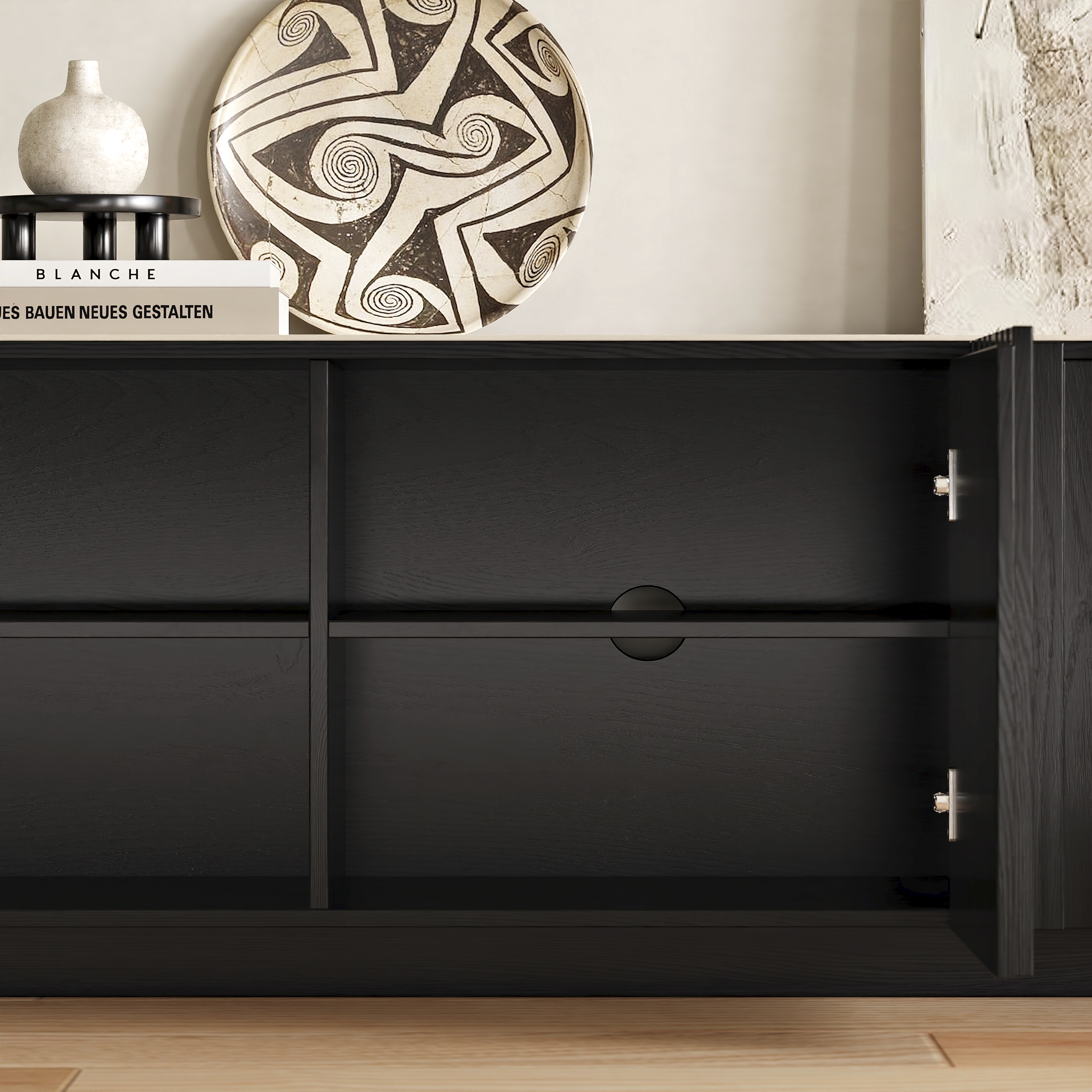 Aura 2130mm Ash Wood Slatted Black TV Stand with Sintered Stone