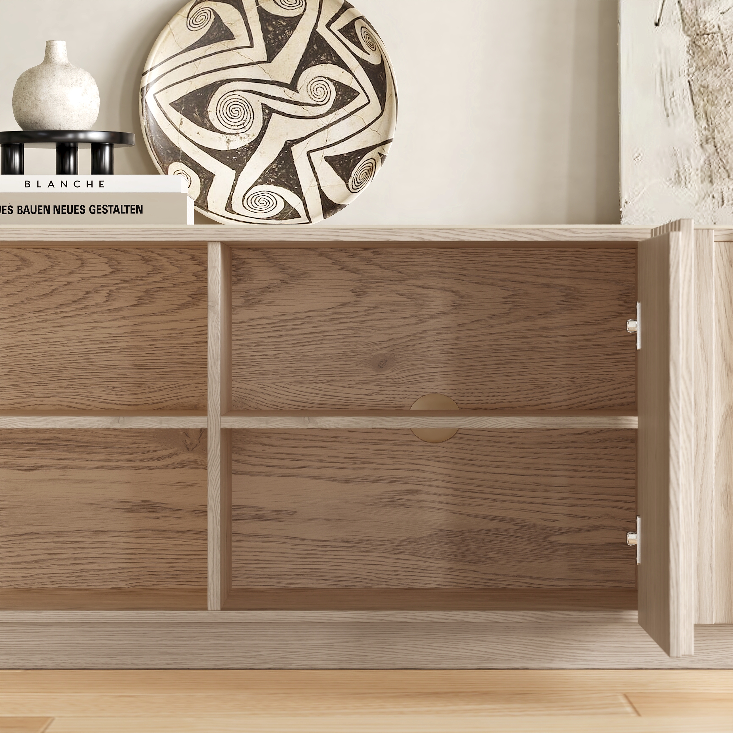 Aura 2130mm Ash Wood Slatted Whitewash TV Stand with Sintered