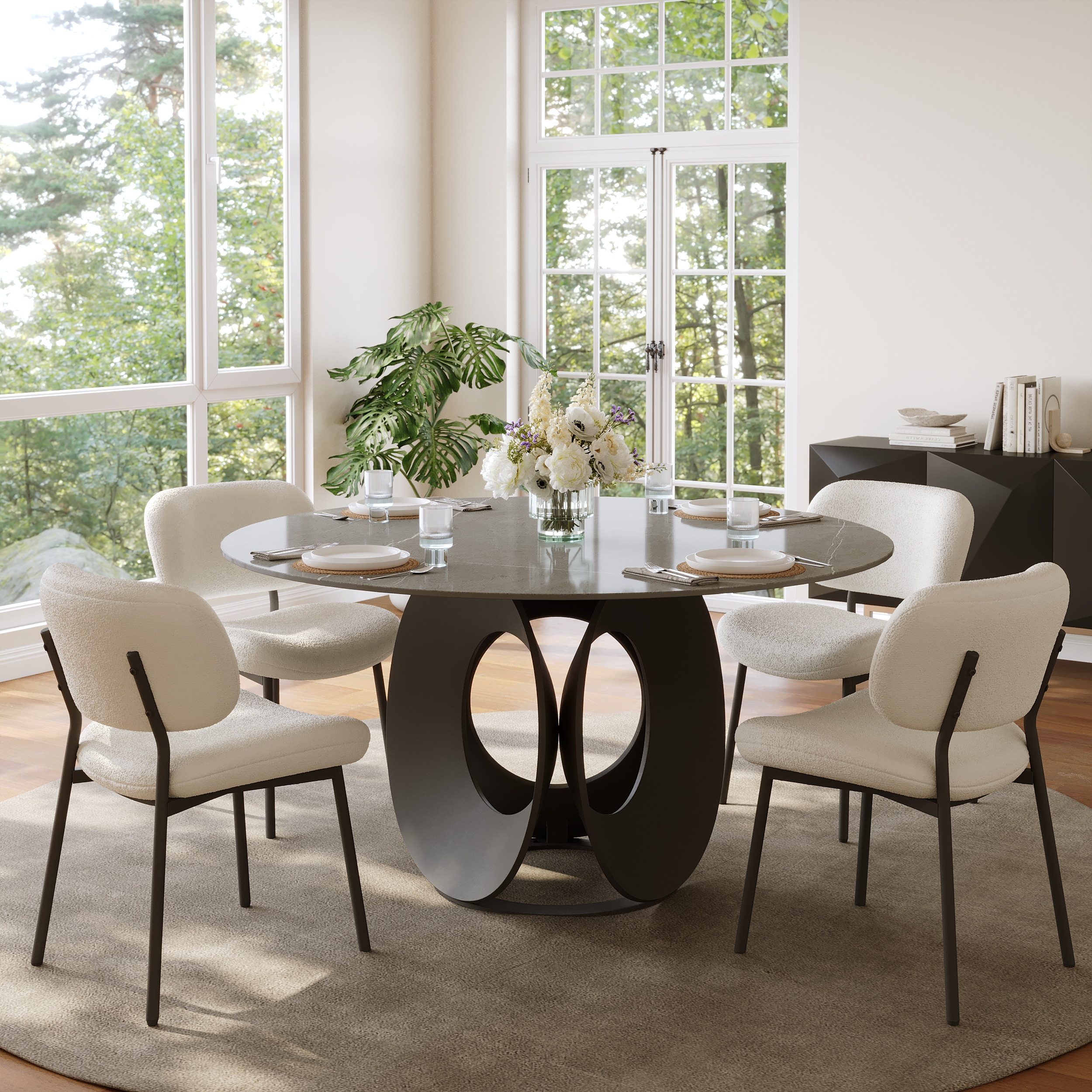 Mesa de comedor redonda gris de 51 pulgadas con tapa de mármol sintético y base de acero al carbono
