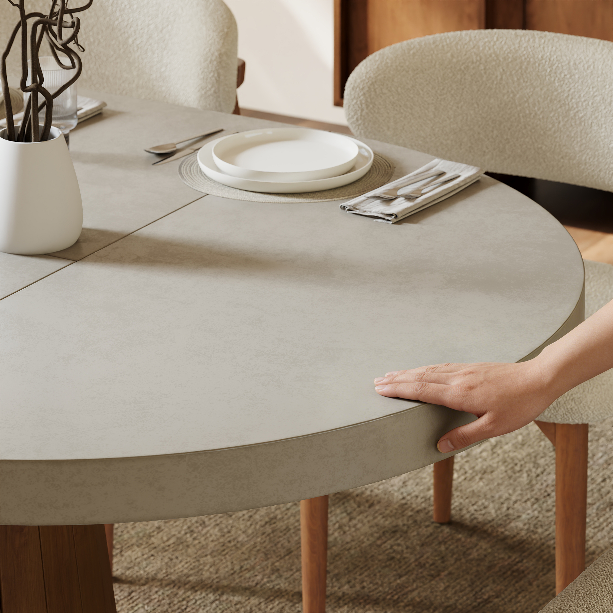 【ジモティー割引で最大15％OFF⭐️】  unico ラウンドテーブル＆チェア2脚セット ADDAY  round dining table/DALE arm chair Extendable Japandi 6-Seater Dining Table, Grey Solid Wood Dining